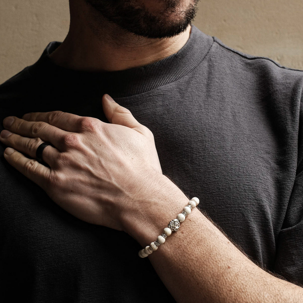 Silver Lion Marble Beaded Bracelet