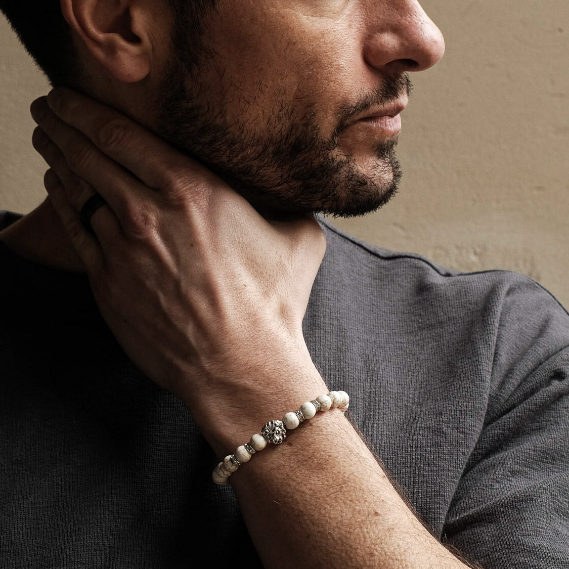 Silver Lion Marble Beaded Bracelet