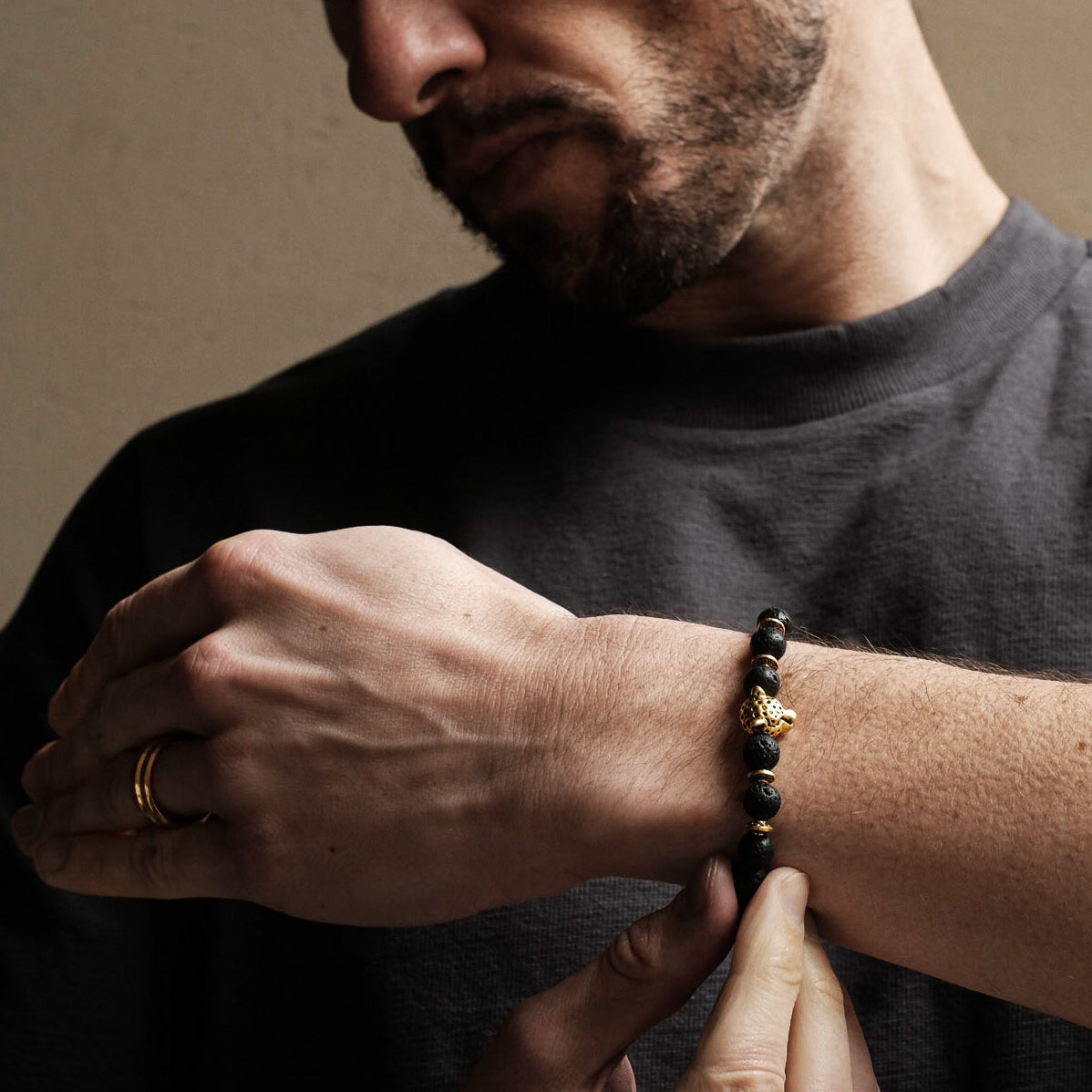 8mm Gold Panther Black Lava Bracelet