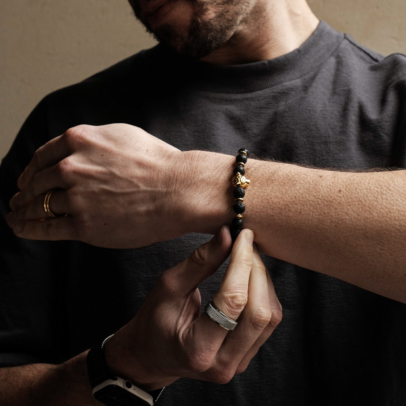 8mm Gold Panther Black Lava Bracelet