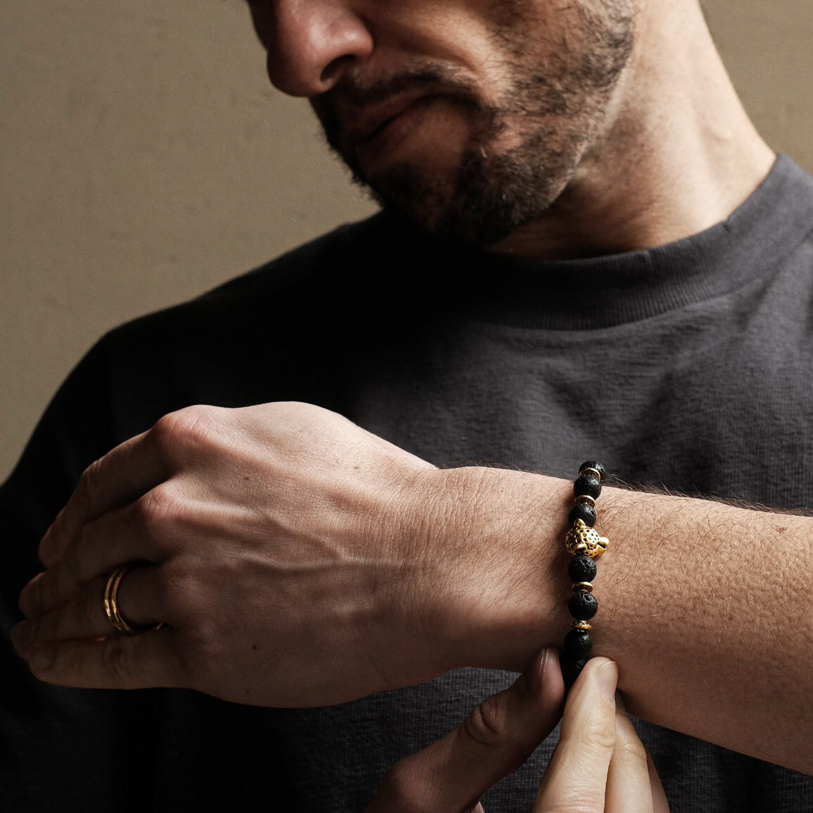 8mm Gold Panther Black Lava Bracelet