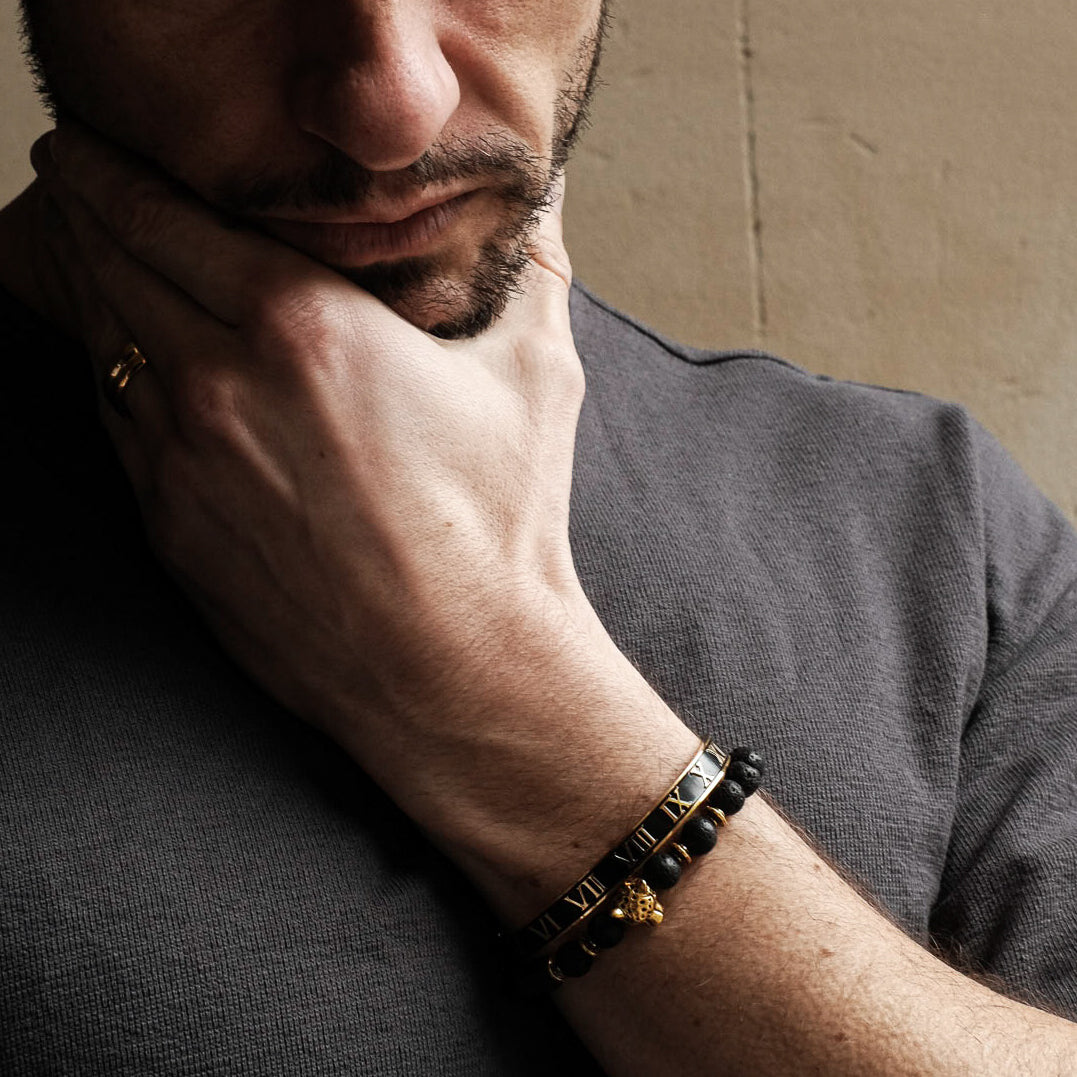 8mm Gold Panther Black Lava Bracelet