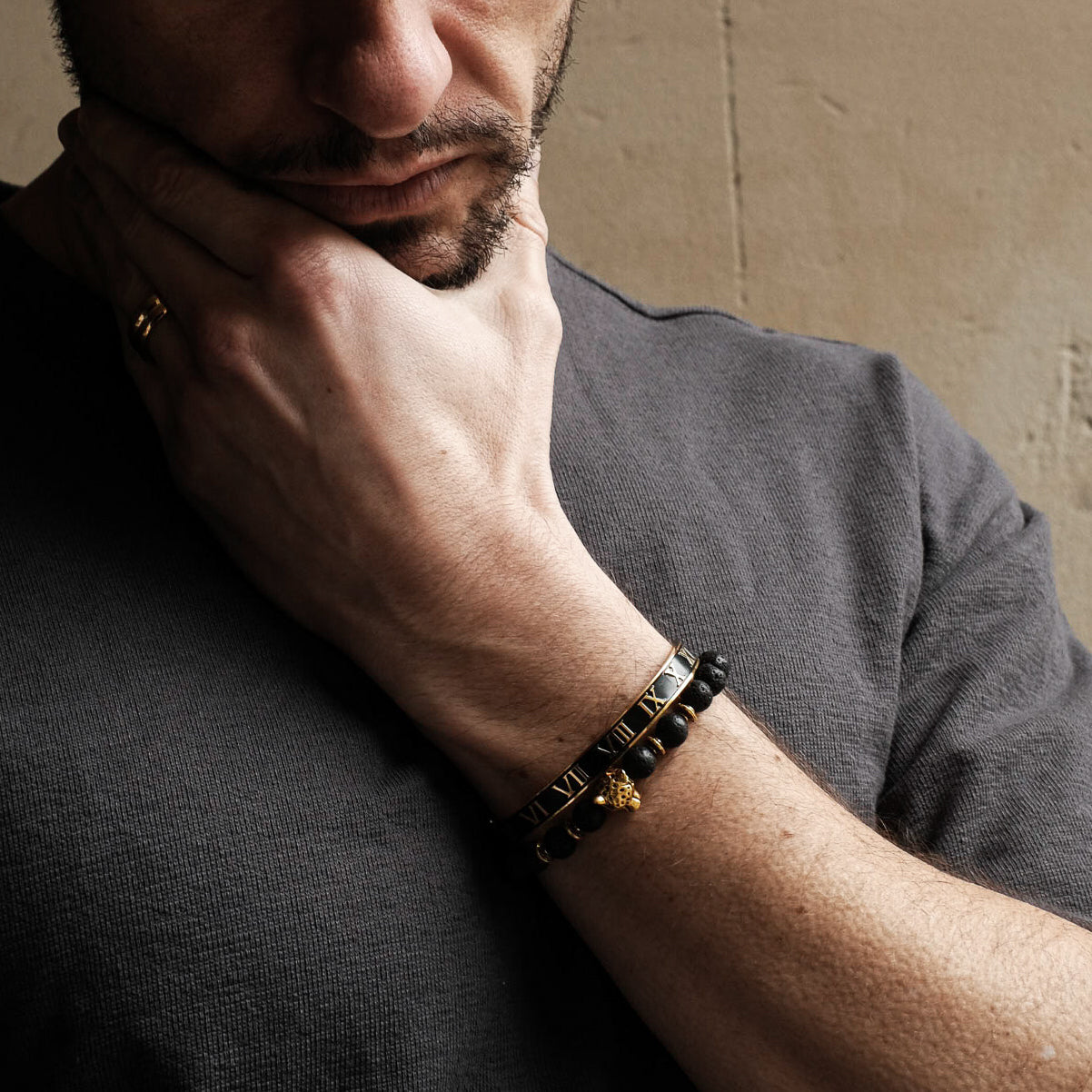 8mm Gold Panther Black Lava Bracelet