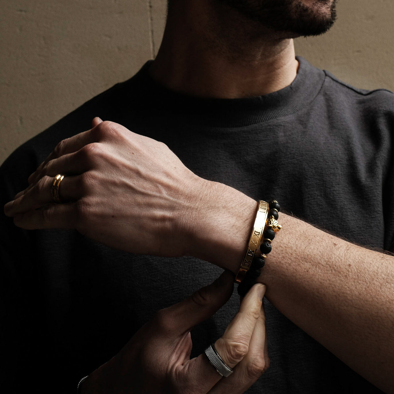 8mm Gold Panther Black Lava Bracelet