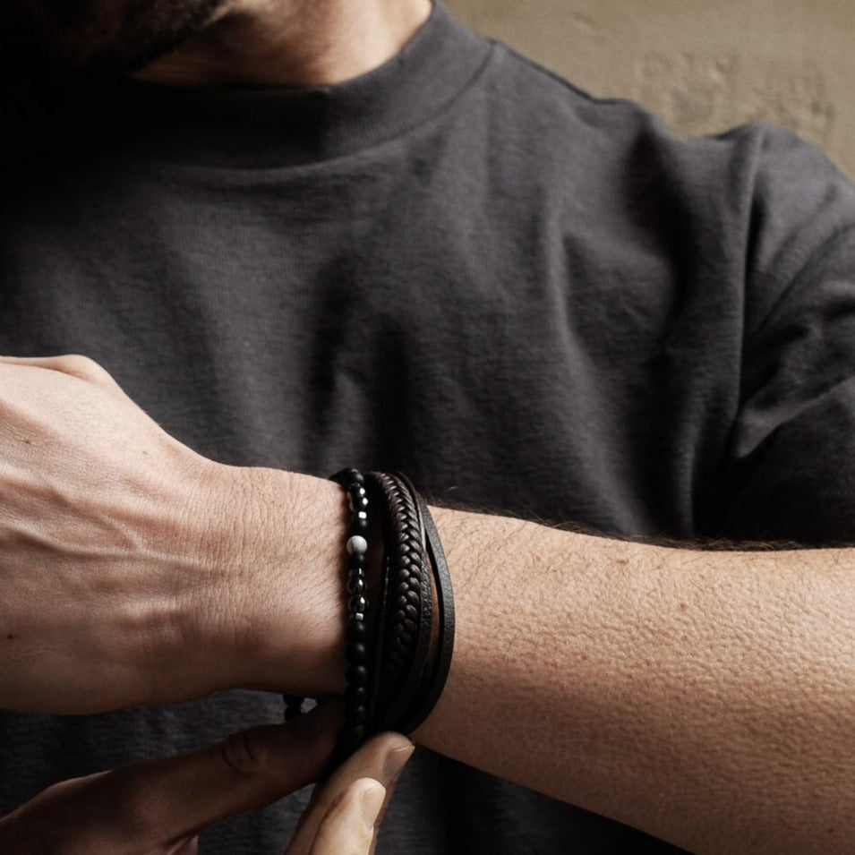 Brown Layered Leather Braided Stainless Steel Bracelet