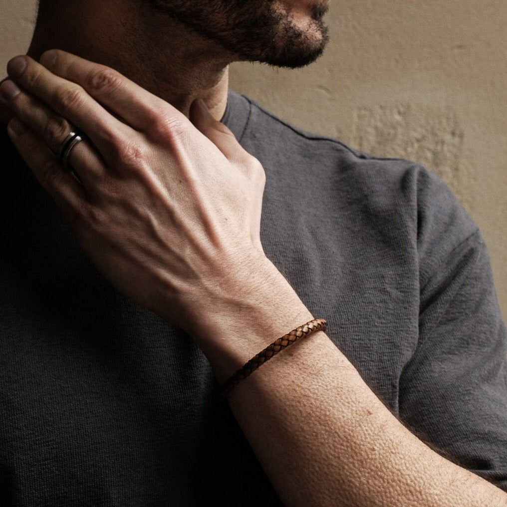 Tan Weave Stainless Steel Leather Bracelet