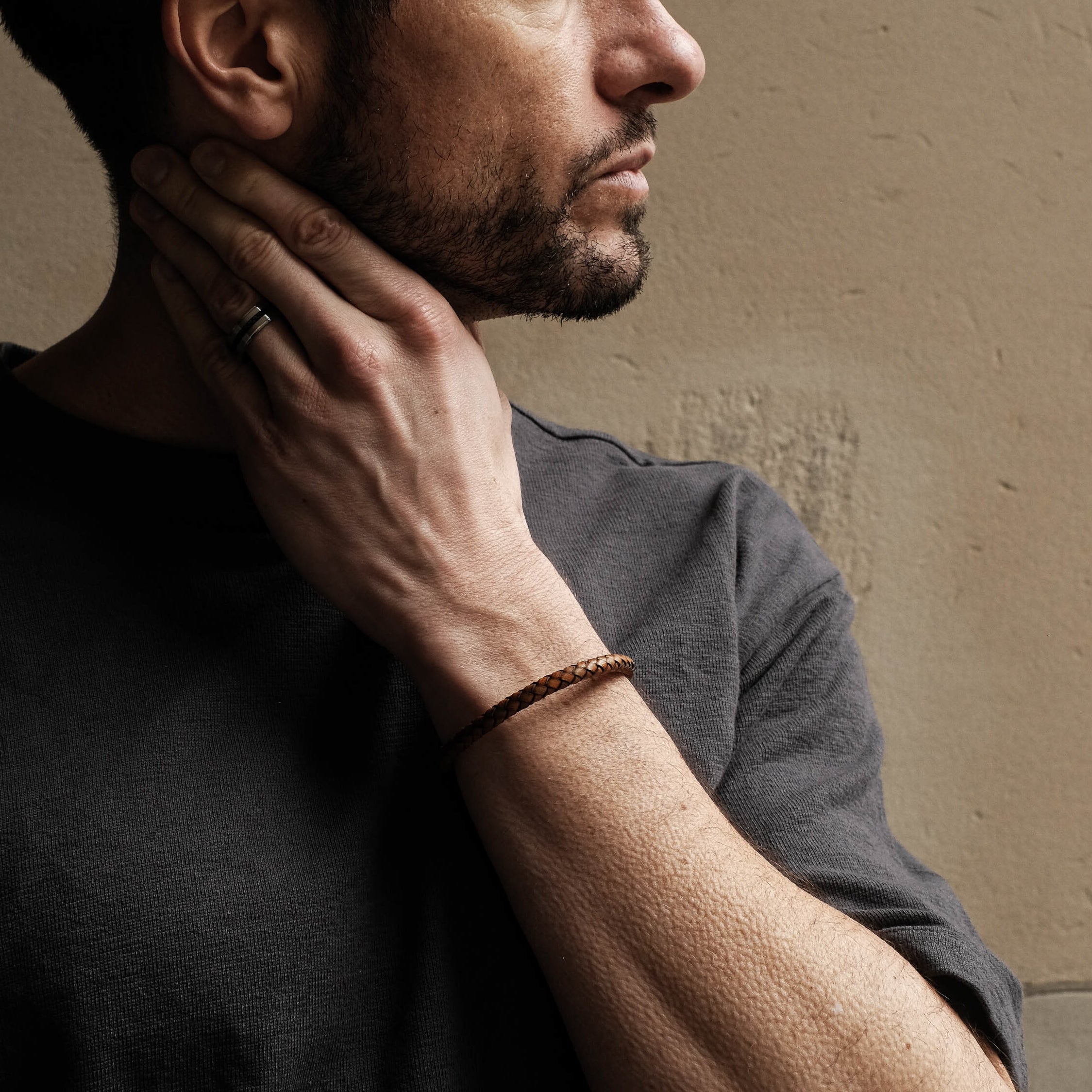 Tan Weave Stainless Steel Leather Bracelet