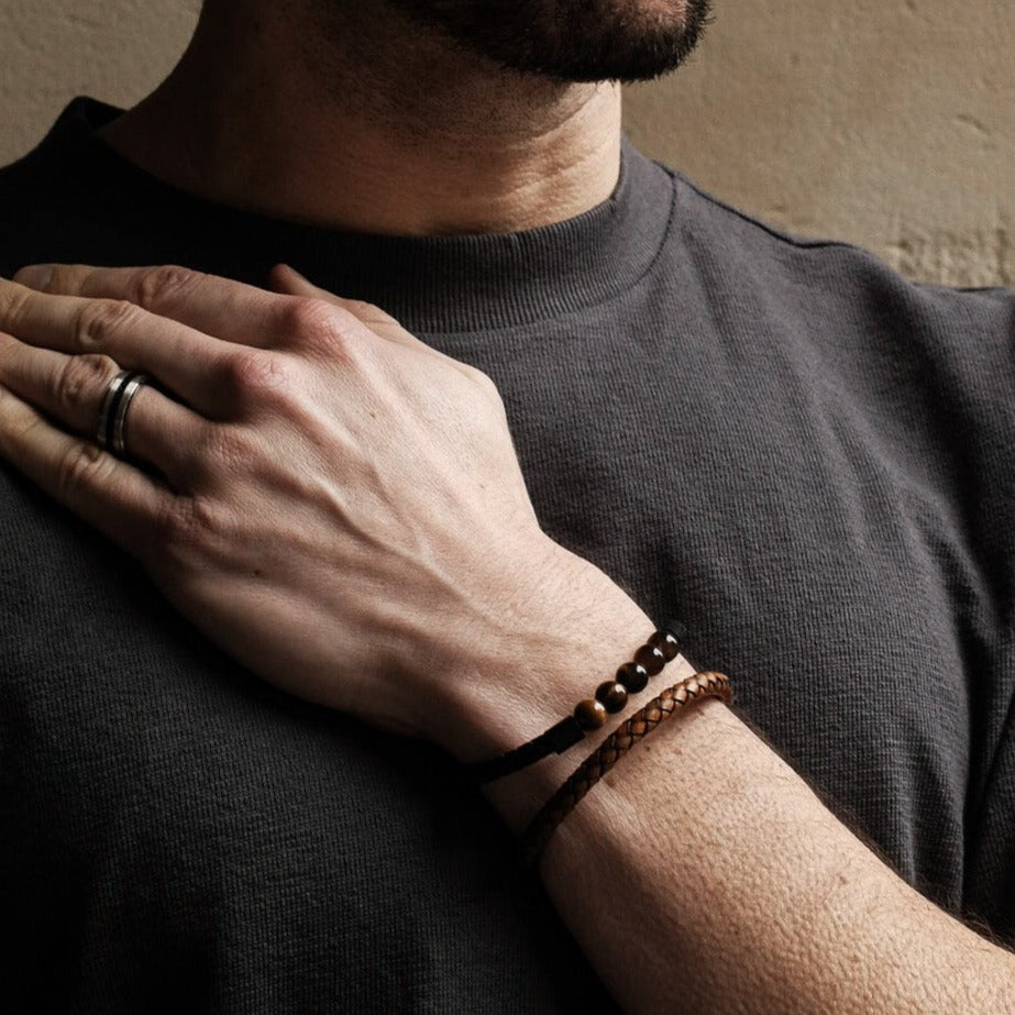 Tan Weave Stainless Steel Leather Bracelet