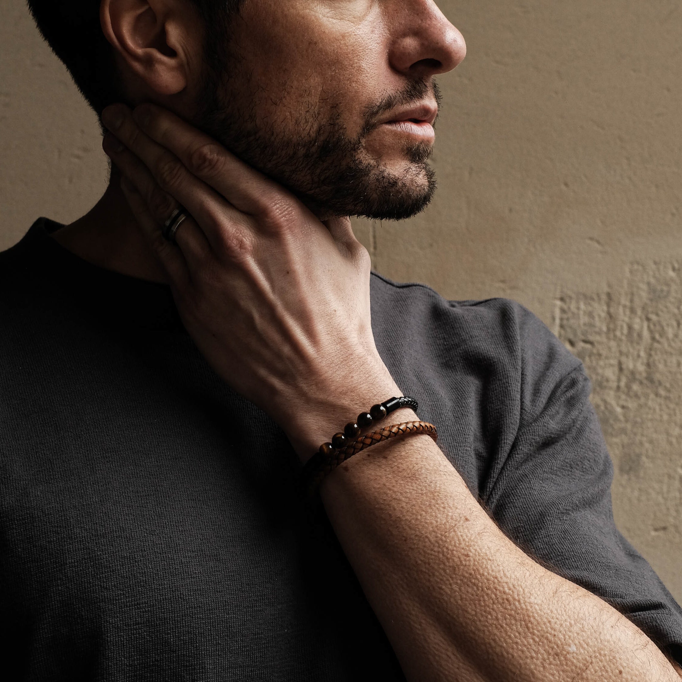 Tan Weave Stainless Steel Leather Bracelet