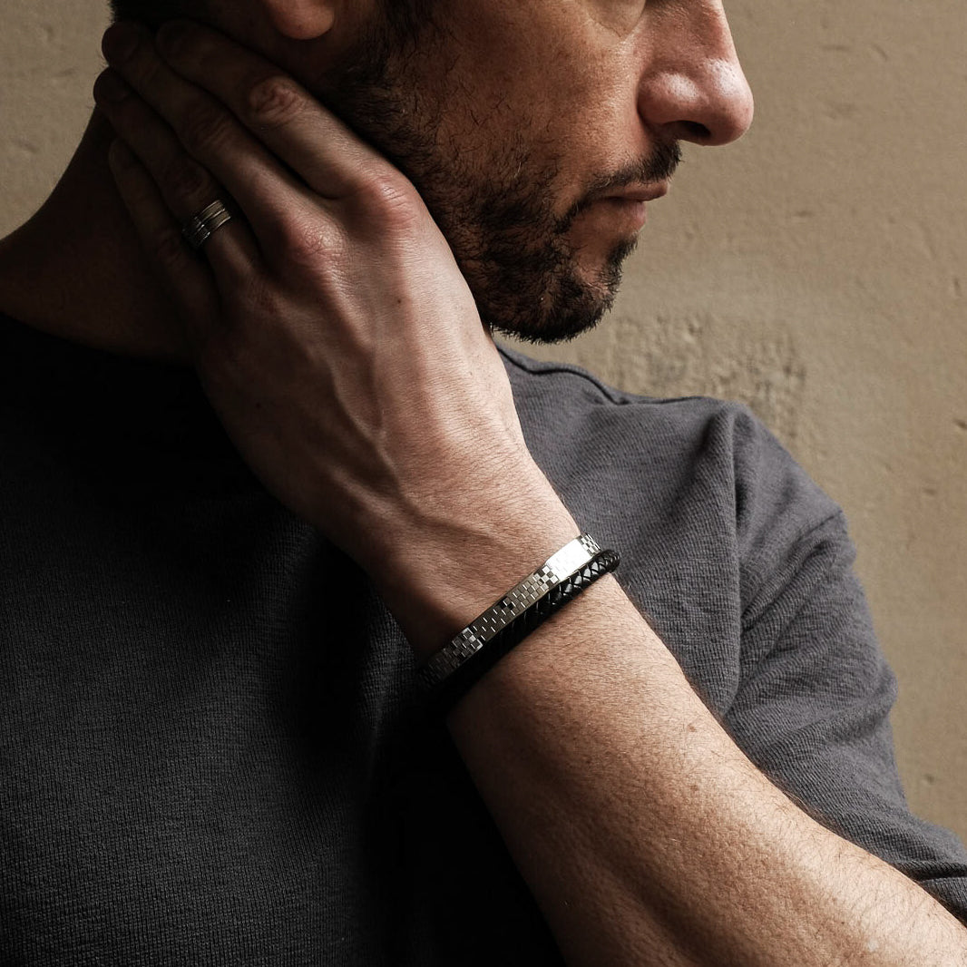 Silver Checkered Stainless Steel Bangle