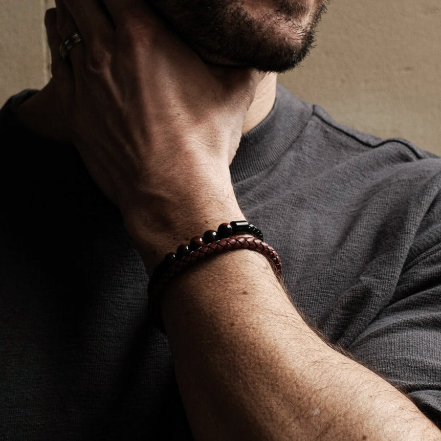Burgundy Weave Stainless Steel Leather Bracelet