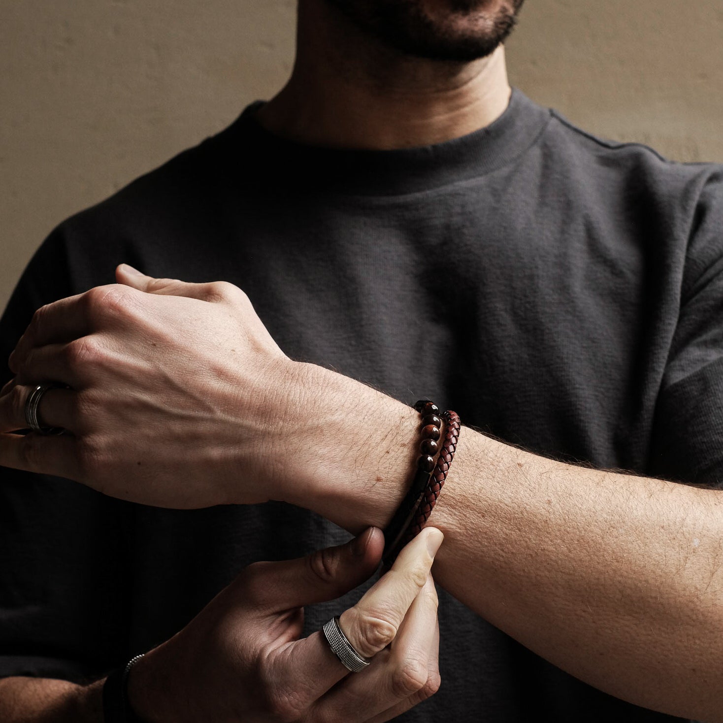 Burgundy Weave Stainless Steel Leather Bracelet