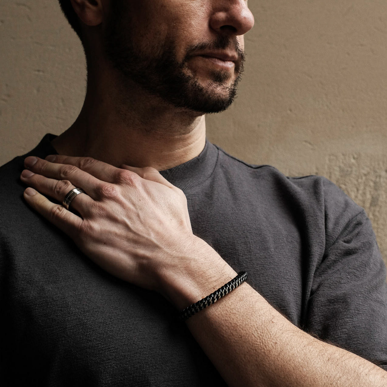 Black Leather Cuban Stainless Steel Bracelet