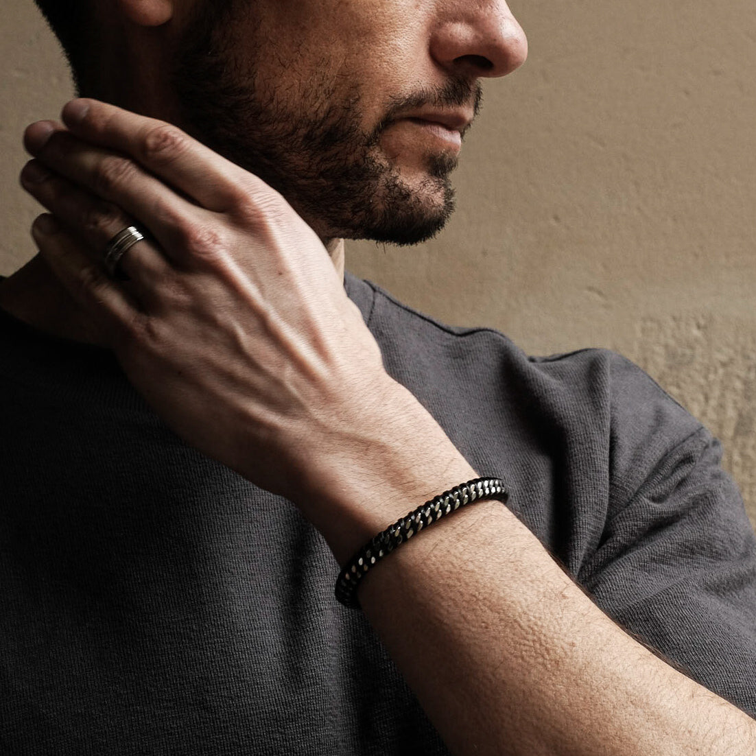 Black Leather Cuban Stainless Steel Bracelet