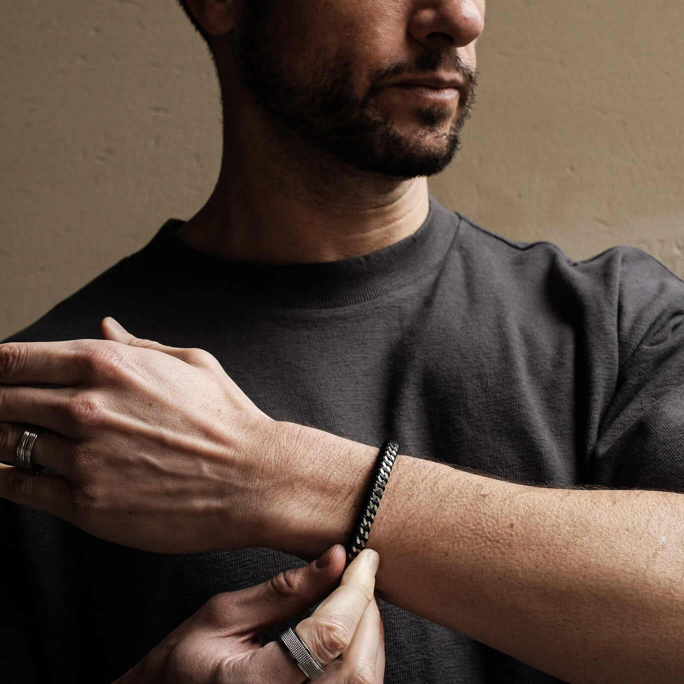 Black Leather Cuban Stainless Steel Bracelet