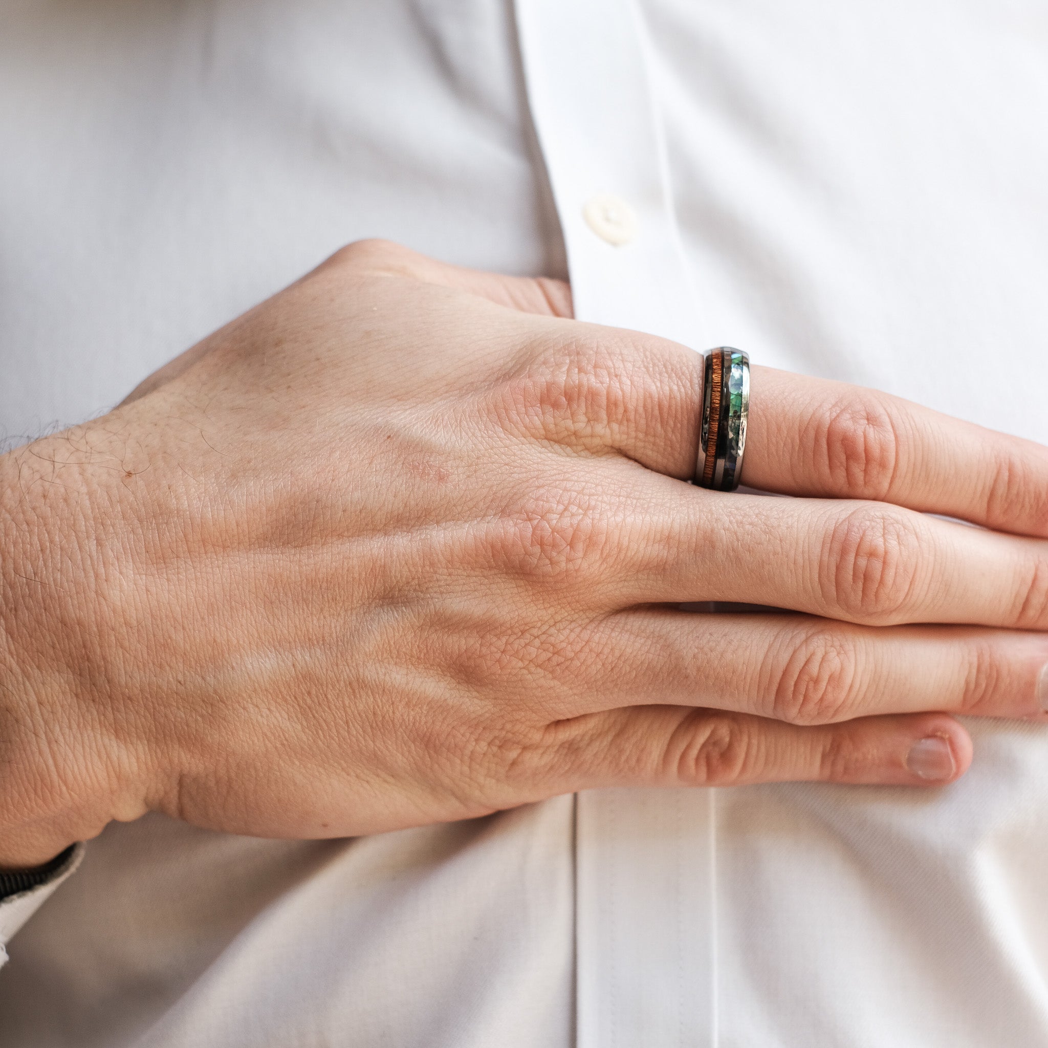 The Mariner - Silver Abalone Tungsten Koa Wood Ring