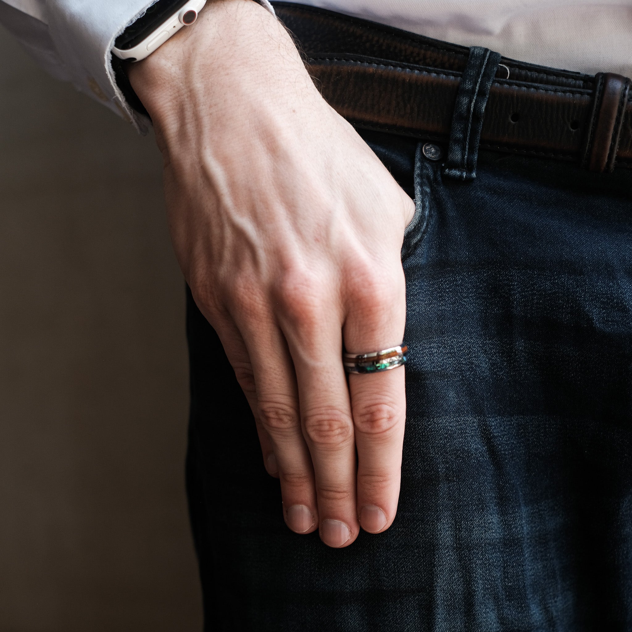The Mariner - Silver Abalone Tungsten Koa Wood Ring