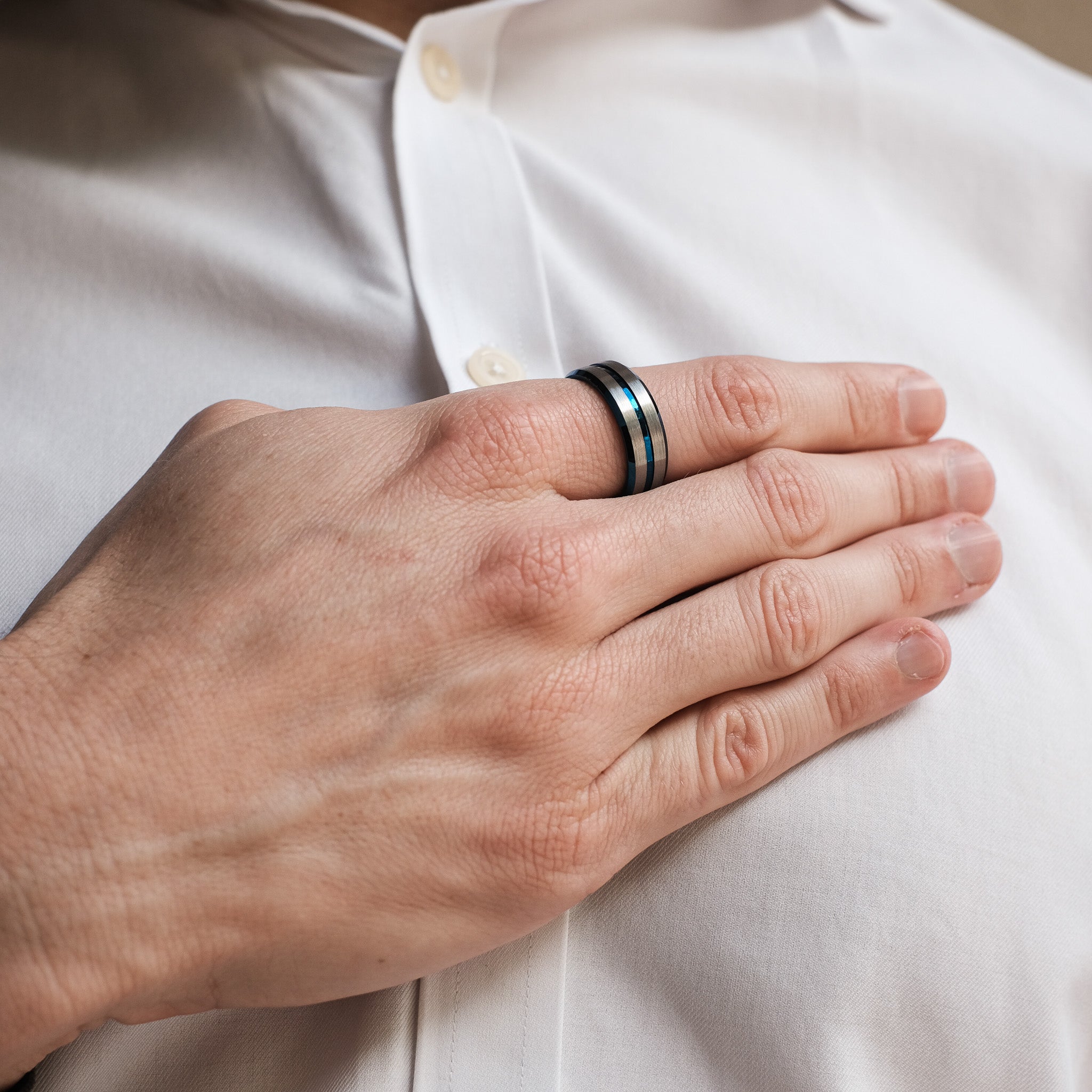 The Astronomer - Silver Brushed Blue Inlay Tungsten Ring