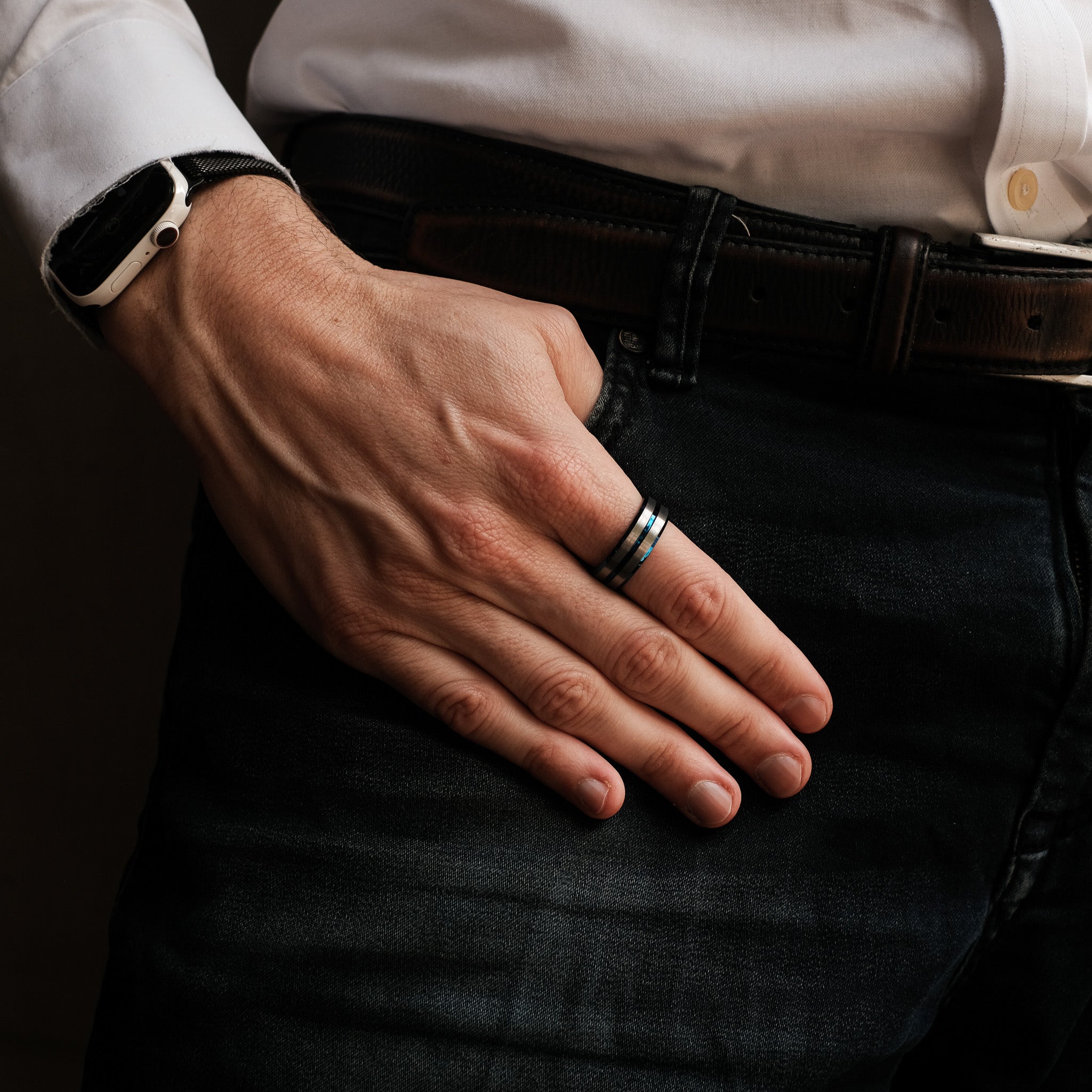 The Astronomer - Silver Brushed Blue Inlay Tungsten Ring