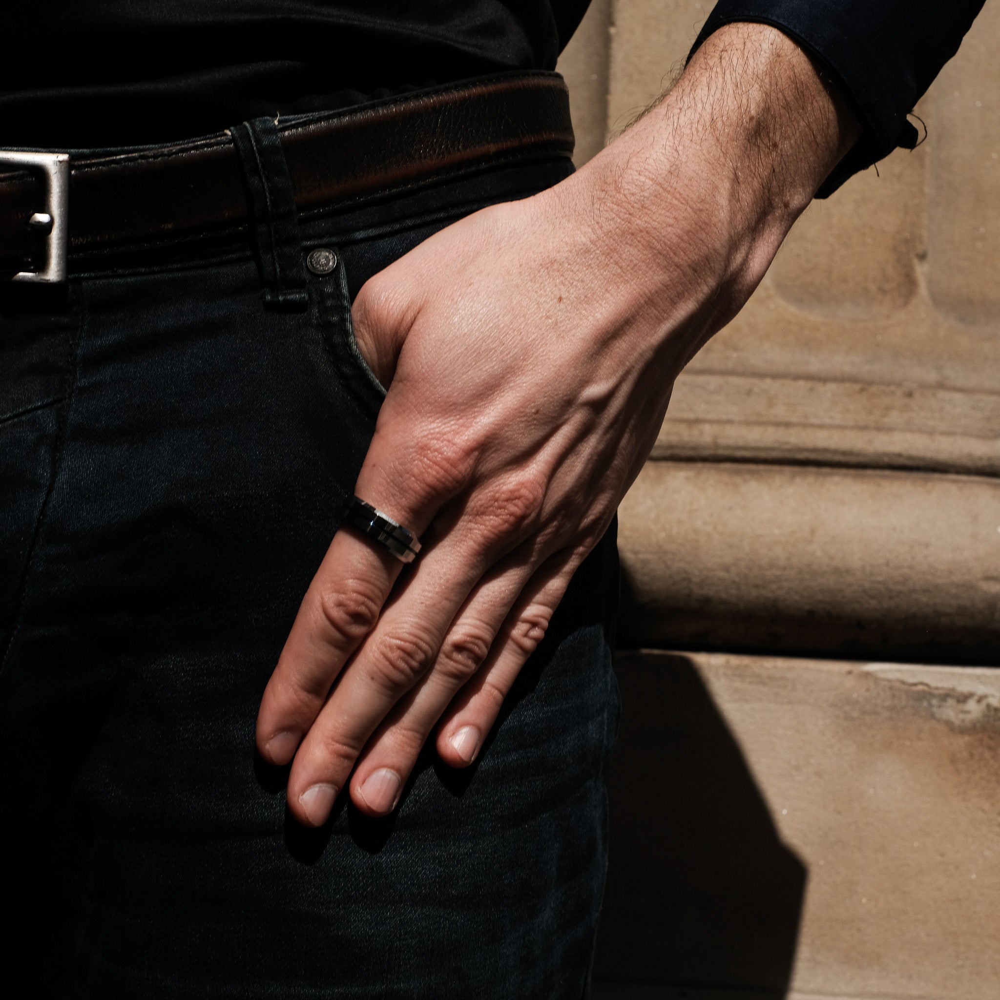 The Sergeant - Silver Tungsten Blue Inlay Beveled Ring