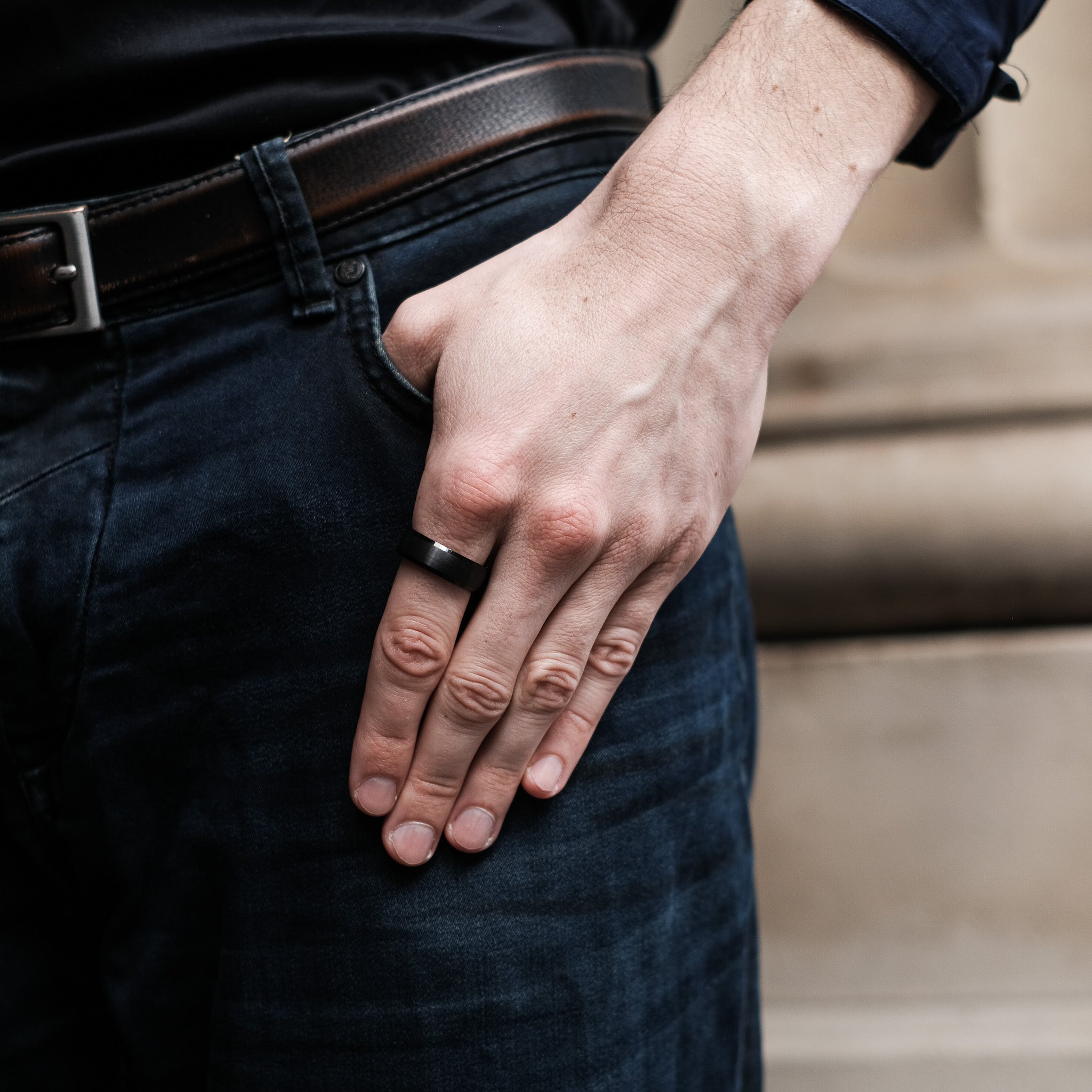 The Darknight - Black 8mm Brushed Tungsten Beveled Ring