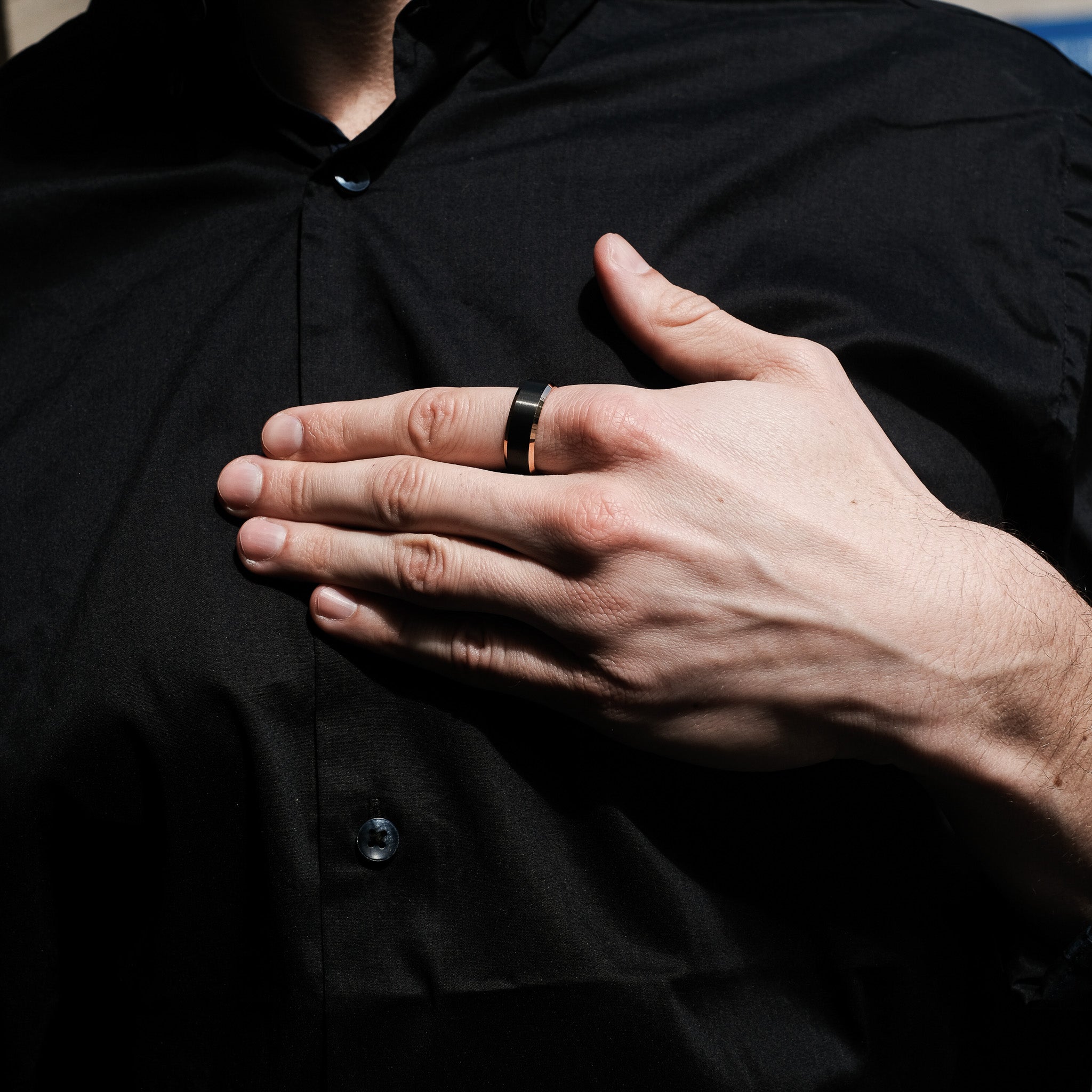 The Lead - Black Brushed Rose Gold Tungsten Beveled Ring