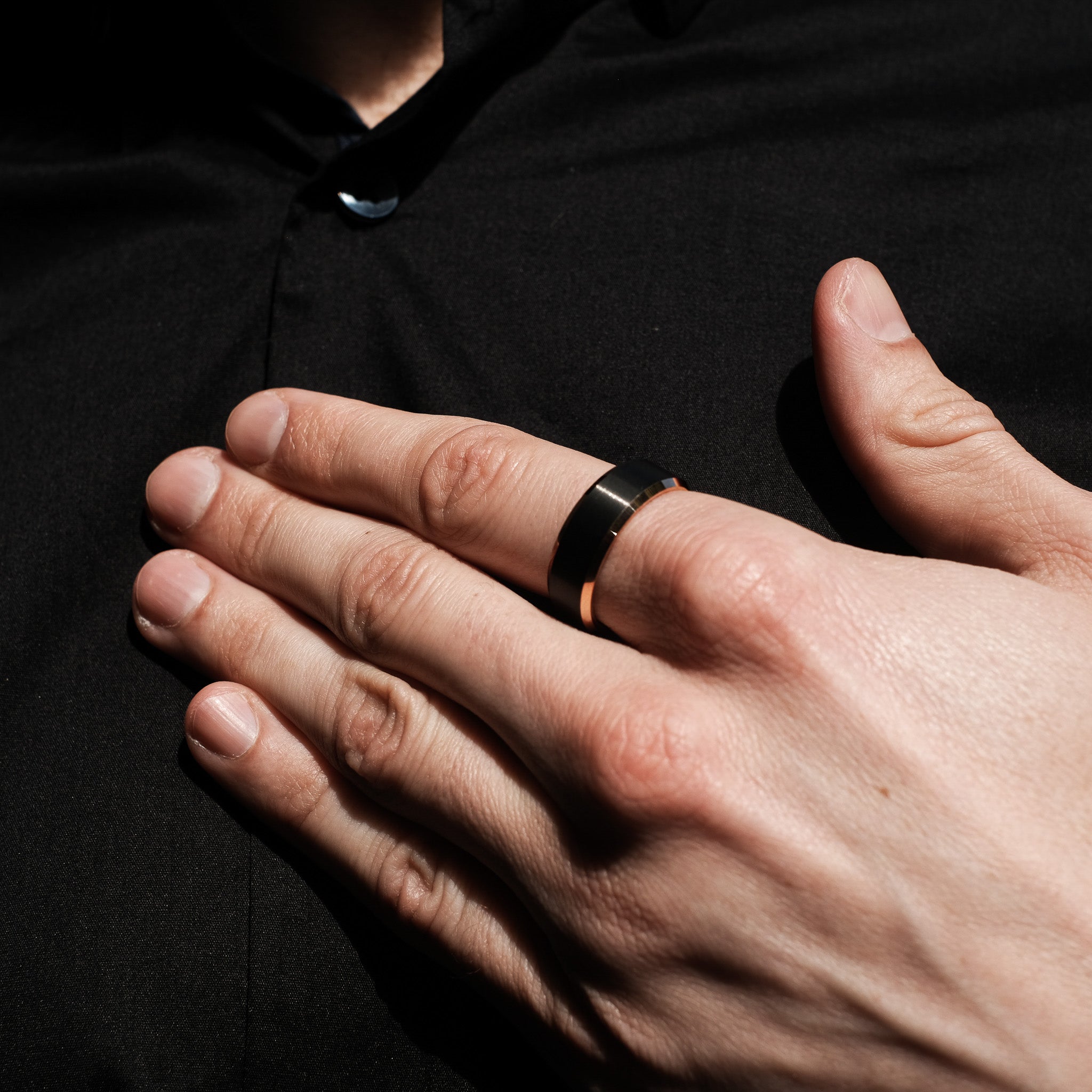 The Lead - Black Brushed Rose Gold Tungsten Beveled Ring