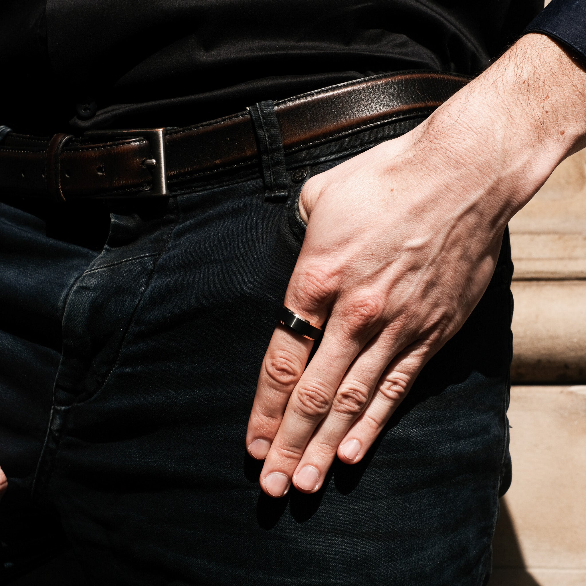 The Lead - Black Brushed Rose Gold Tungsten Beveled Ring