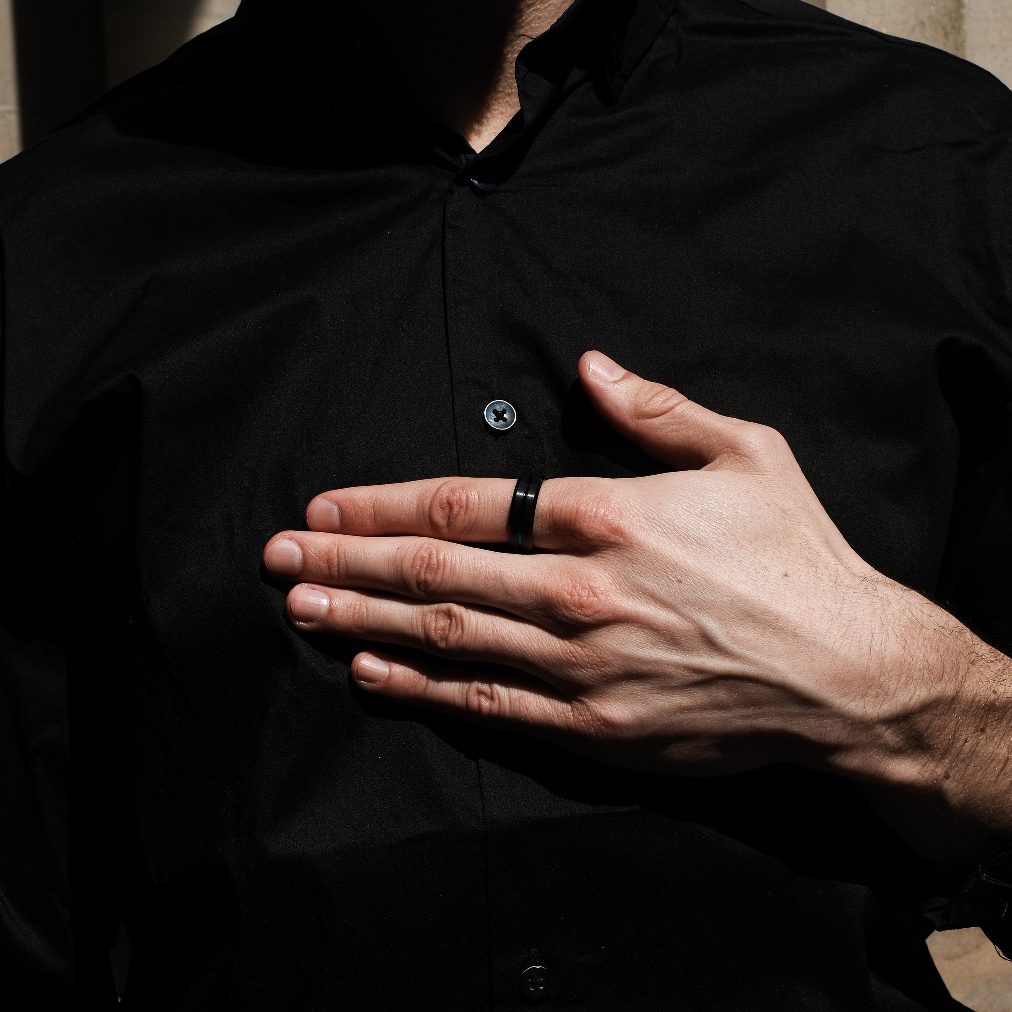 The Veteran - Black Brushed Blue Inlay Tungsten Ring