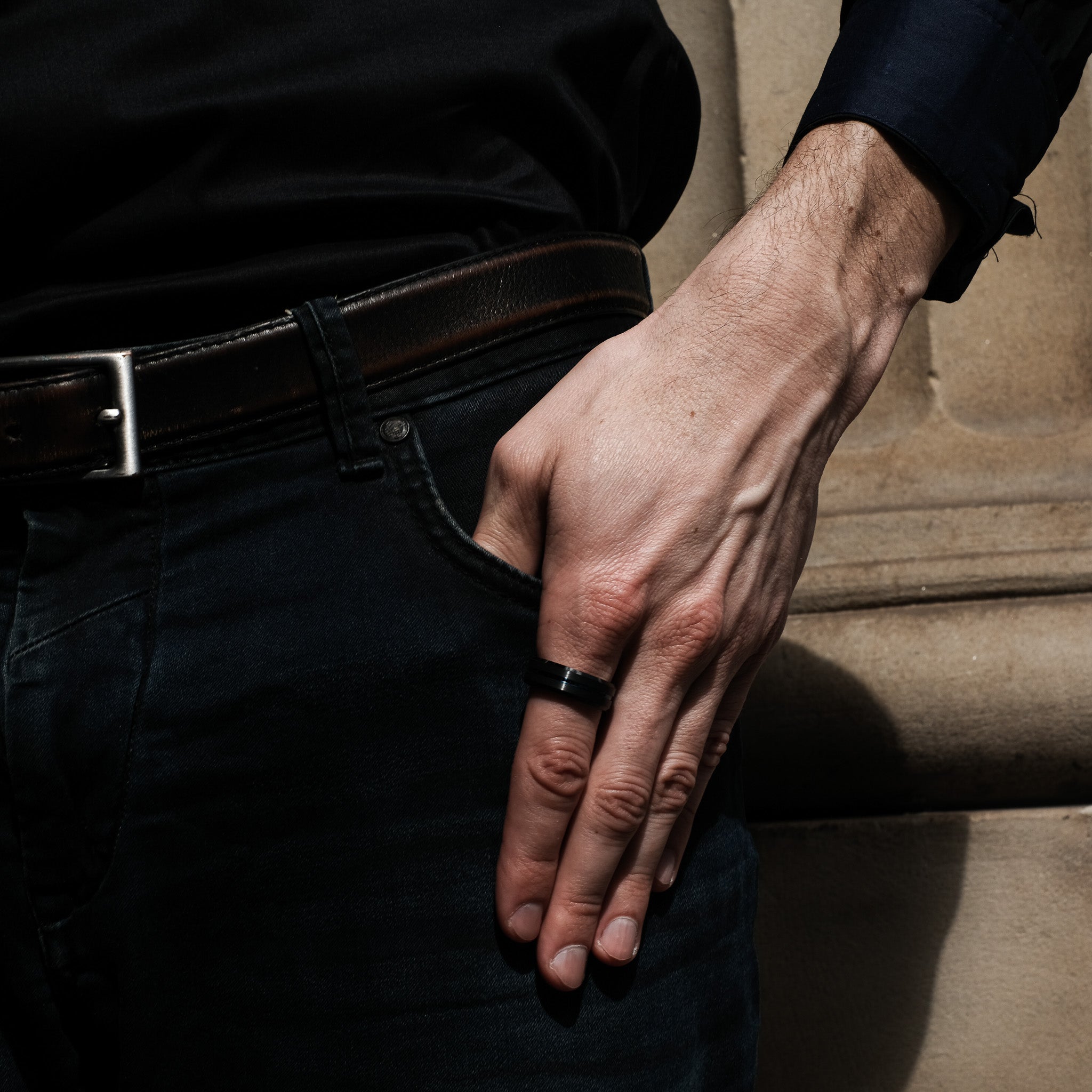 The Veteran - Black Brushed Blue Inlay Tungsten Ring