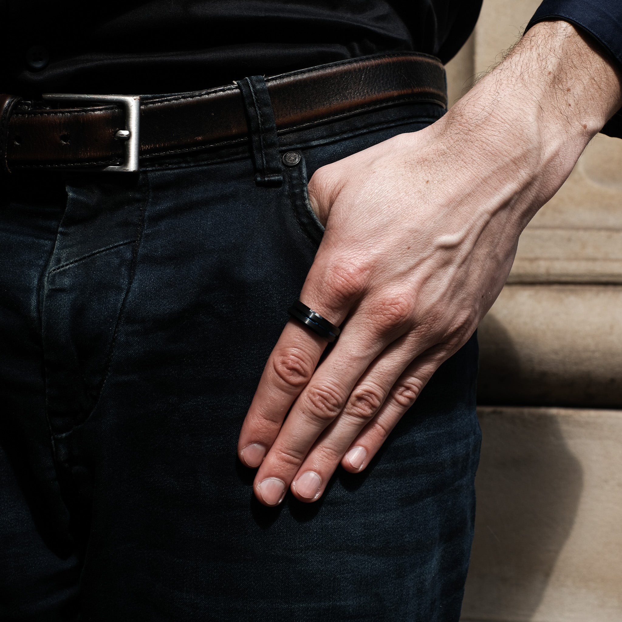 The Veteran - Black Brushed Blue Inlay Tungsten Ring