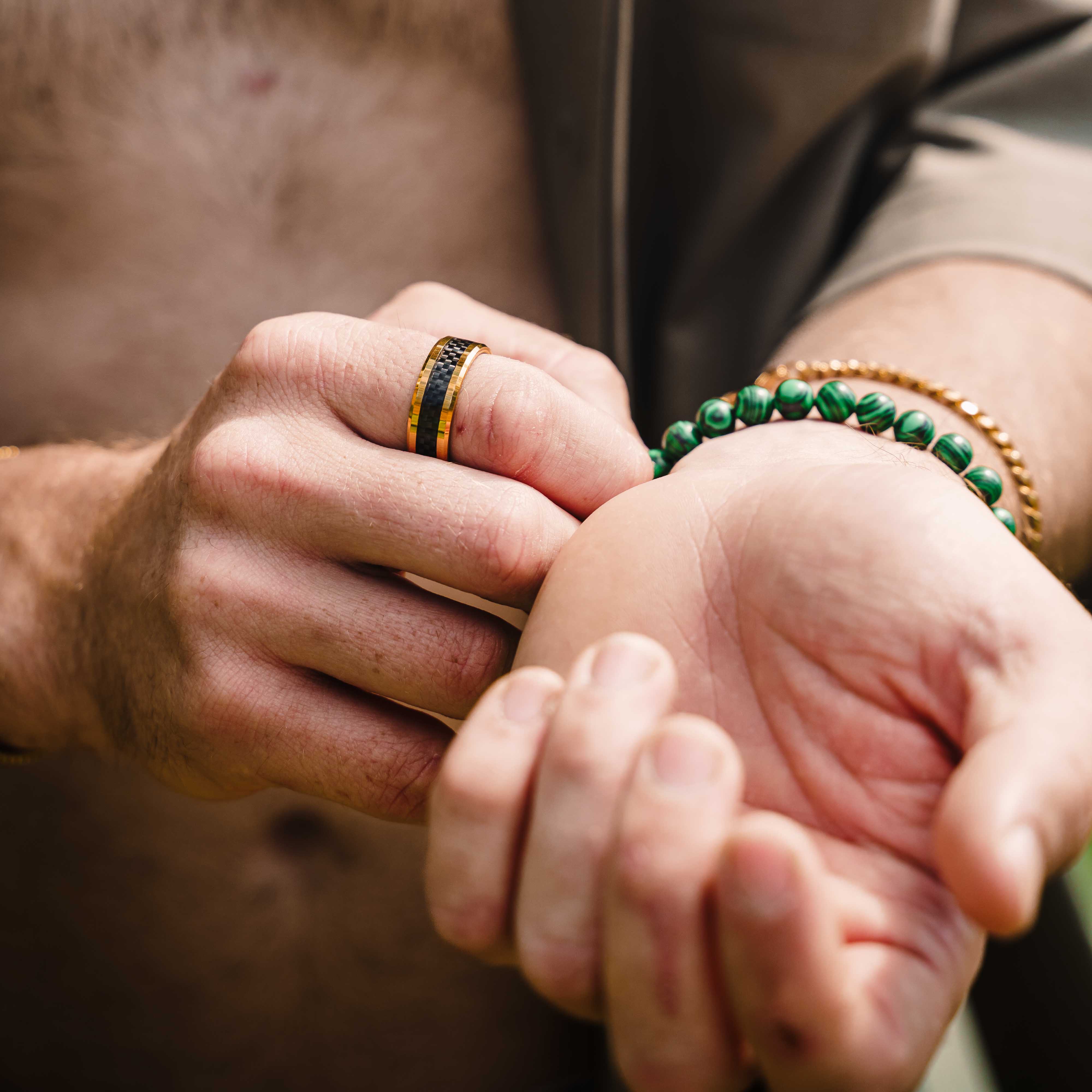 The Mr Interesting - Black Carbon Fibre Gold Tungsten Beveled Ring