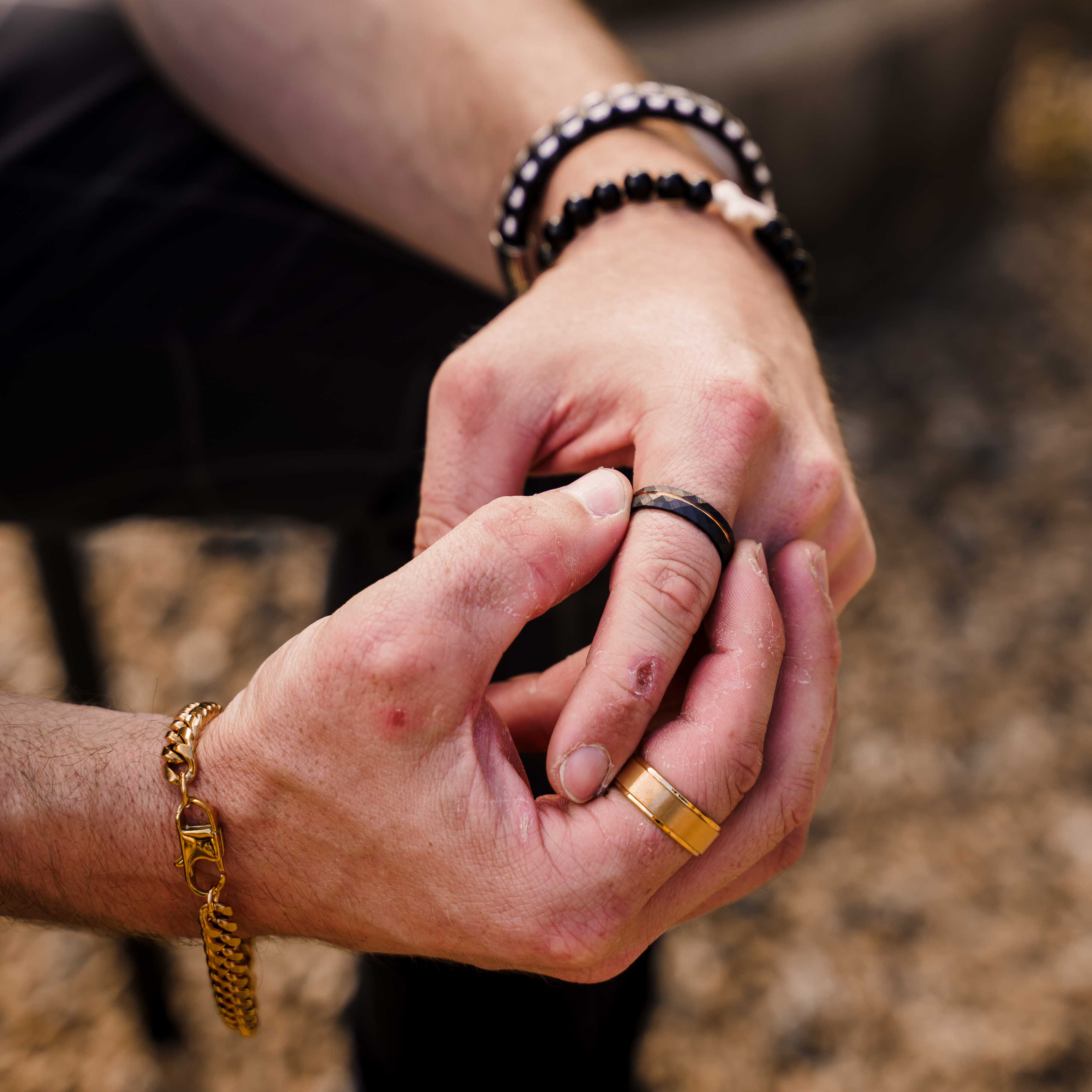 The Magnate - Black 6mm Faceted With Rose Gold Inlay Tungsten Ring