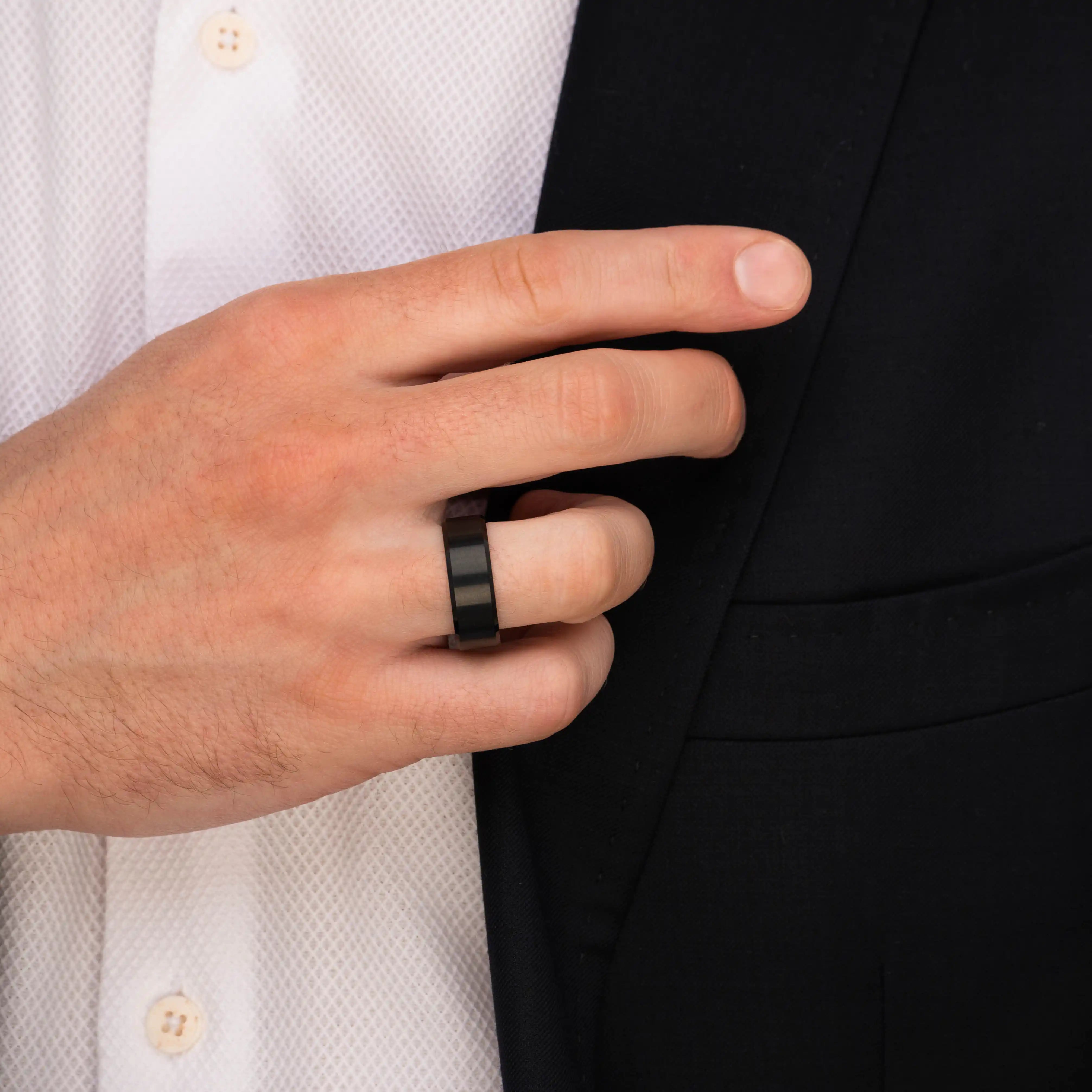 The Darknight - Black 8mm Brushed Tungsten Beveled Ring