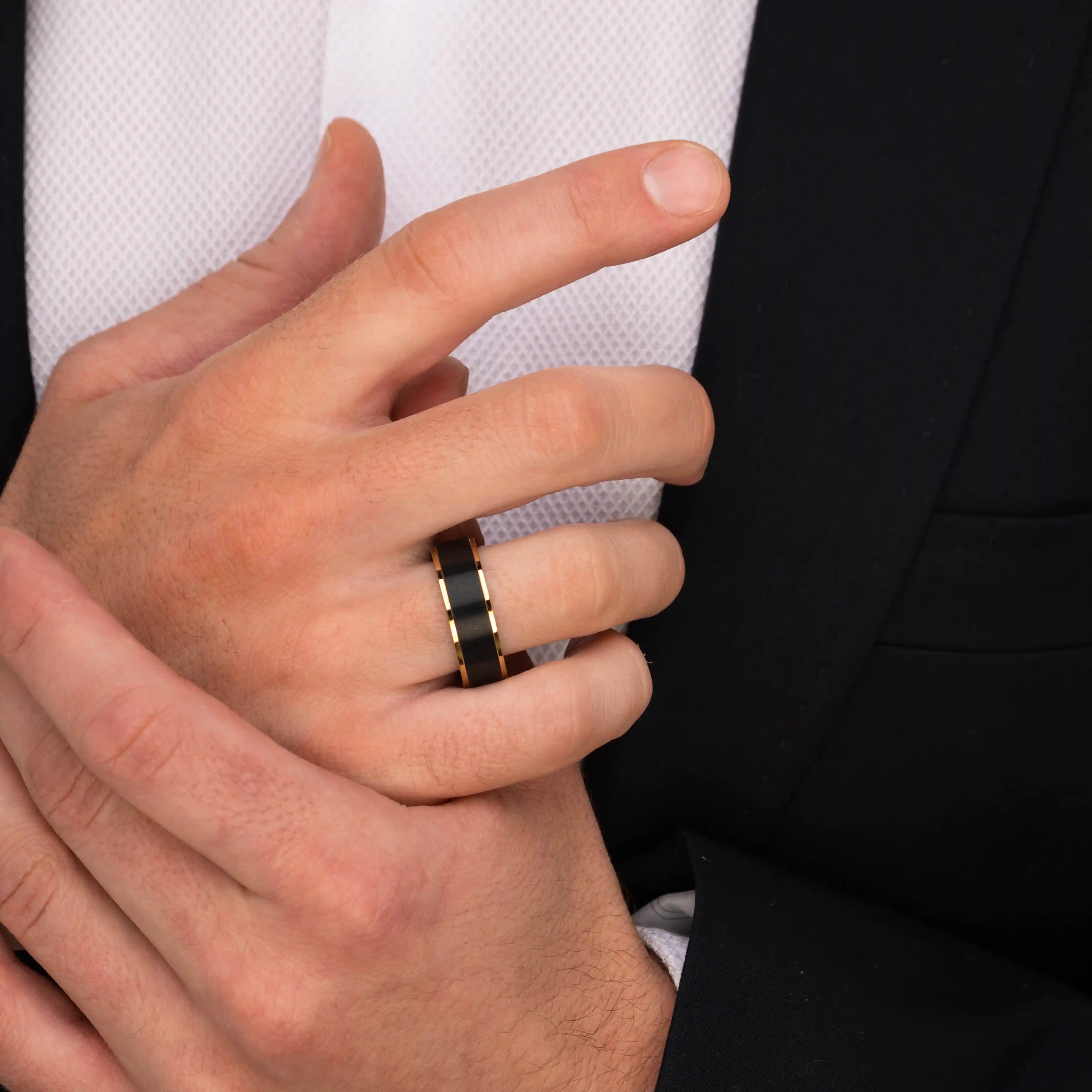 The Supreme - Black Brushed Gold Edged Tungsten Ring