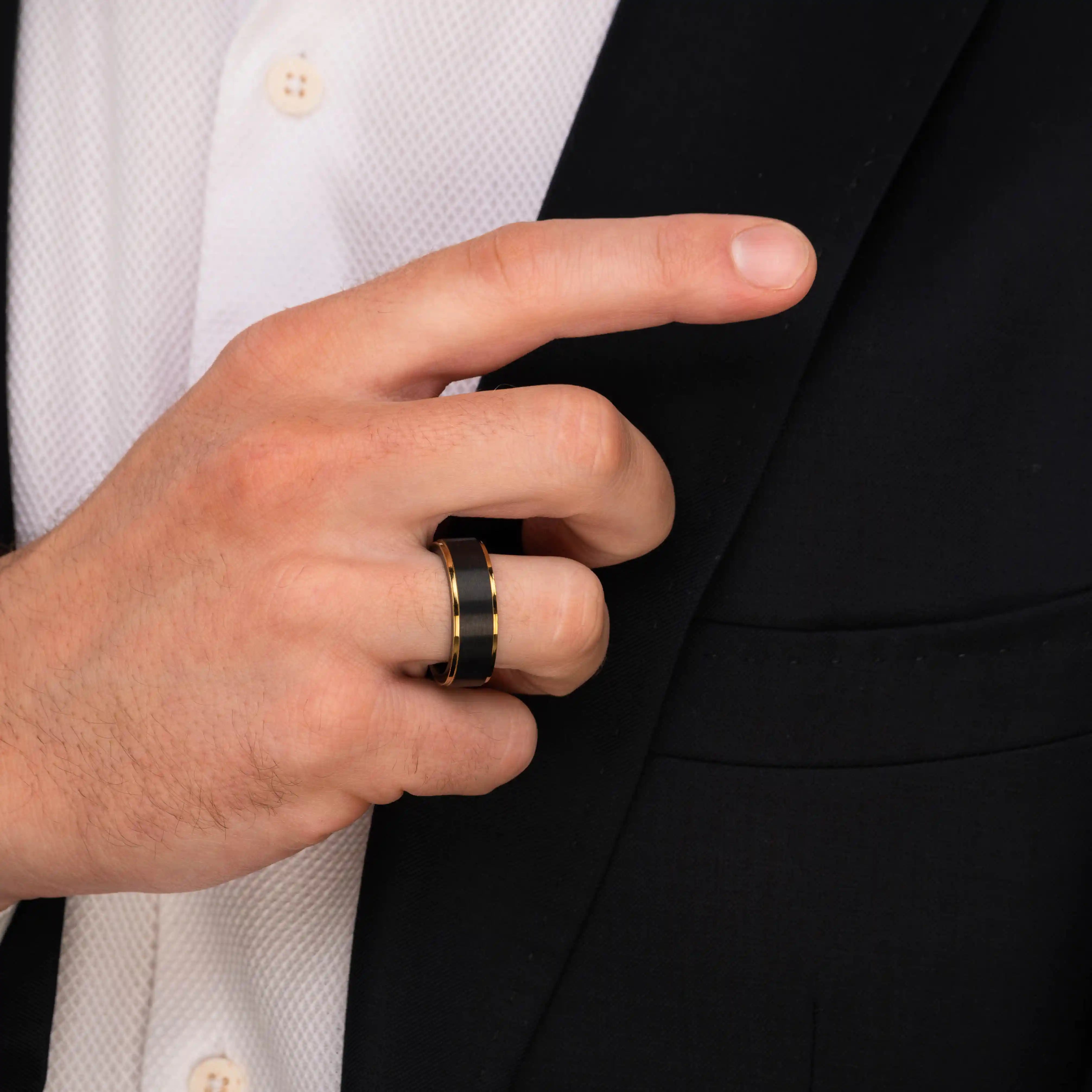 The Supreme - Black Brushed Gold Edged Tungsten Ring