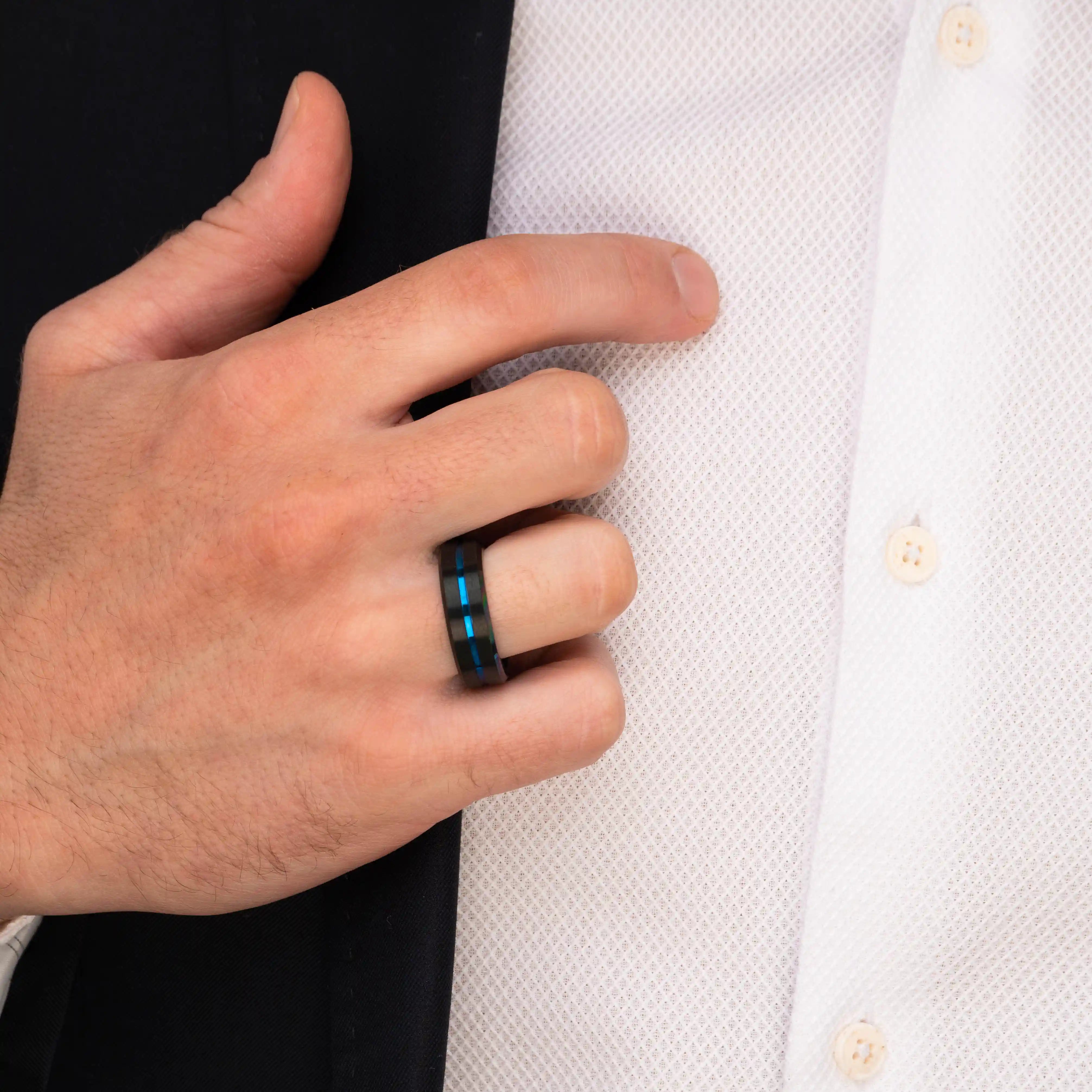 The Veteran - Black Brushed Blue Inlay Tungsten Ring