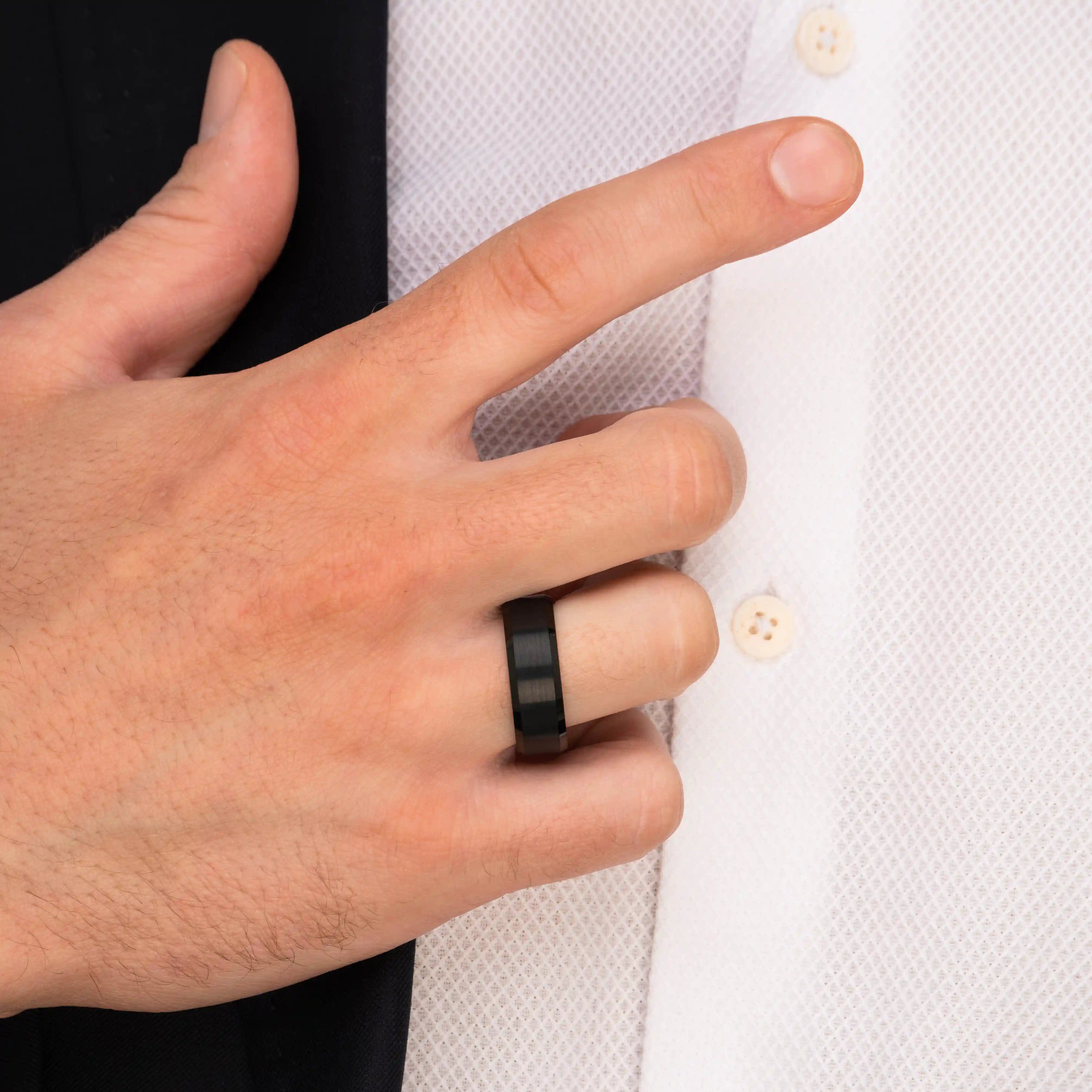 The Darknight - Black 8mm Brushed Tungsten Beveled Ring