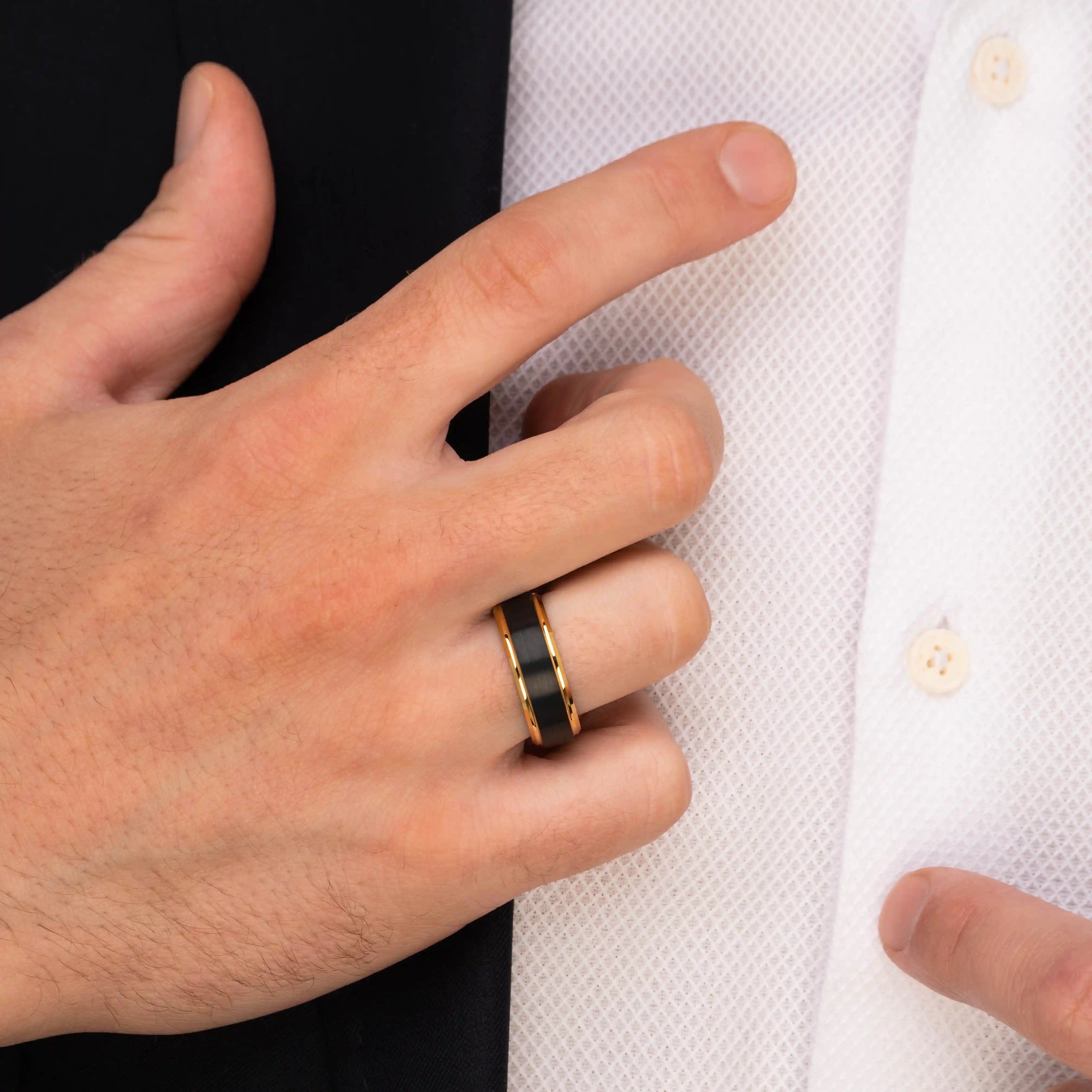 The Supreme - Black Brushed Gold Edged Tungsten Ring