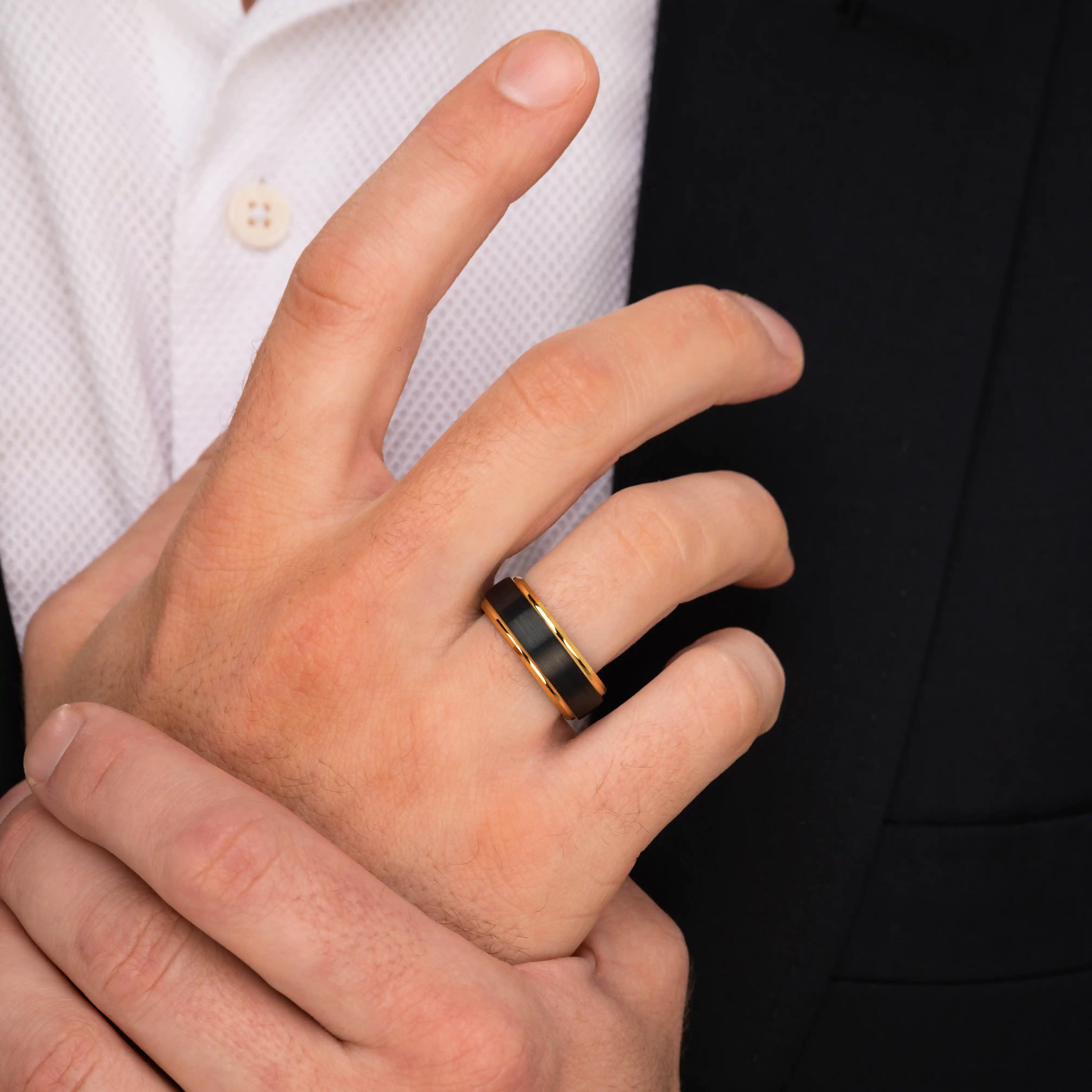 The Supreme - Black Brushed Gold Edged Tungsten Ring