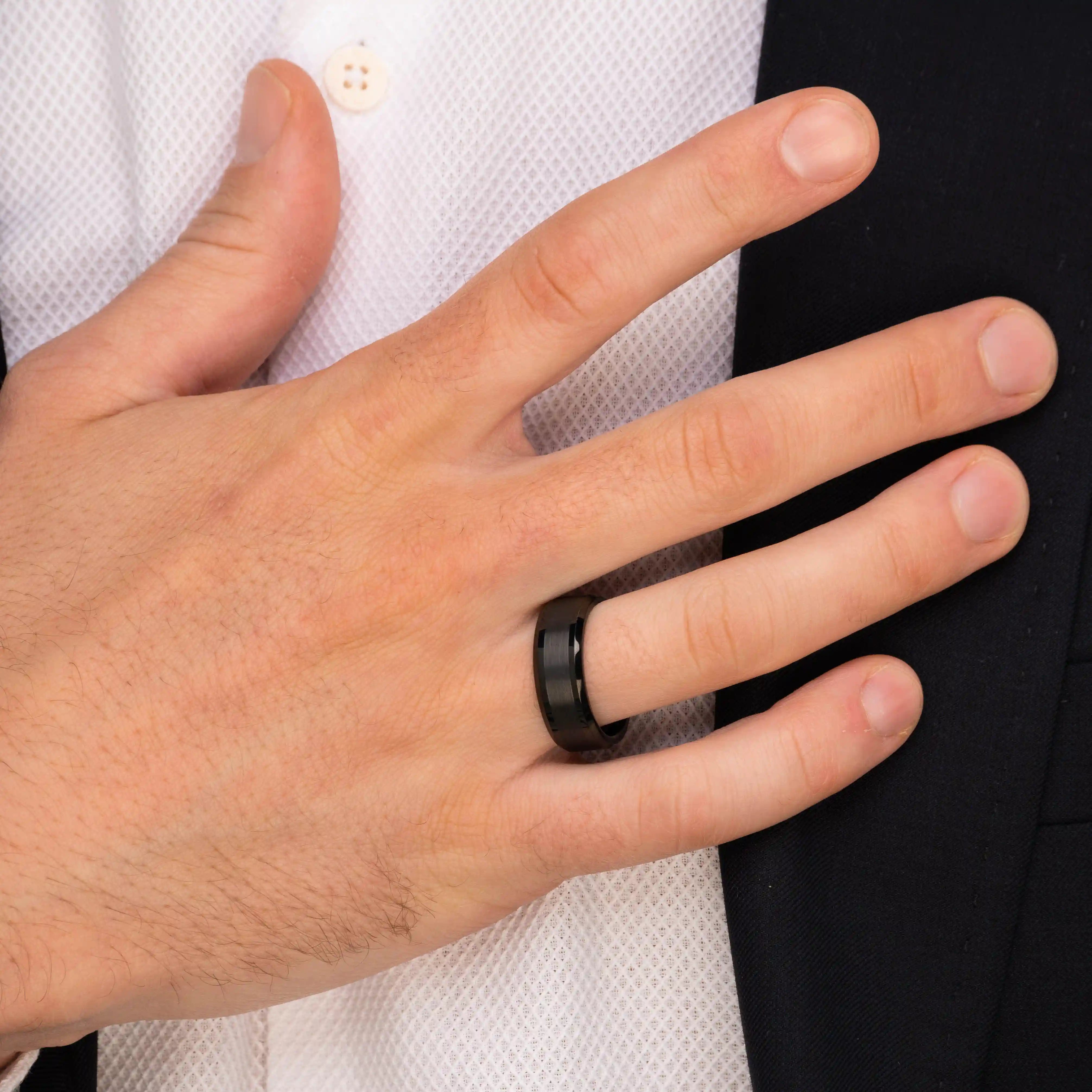 The Darknight - Black 8mm Brushed Tungsten Beveled Ring