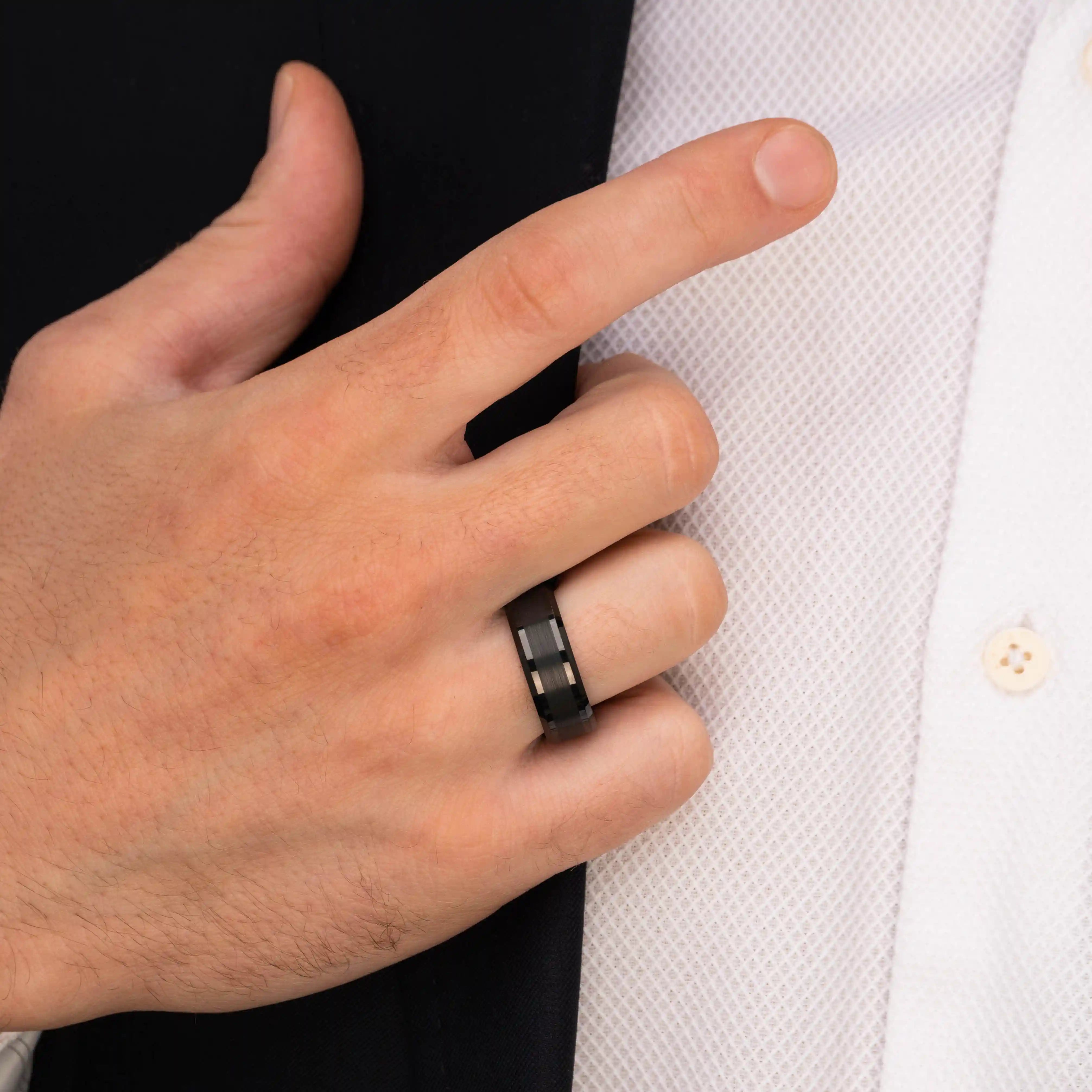 The Darknight - Black 8mm Brushed Tungsten Beveled Ring