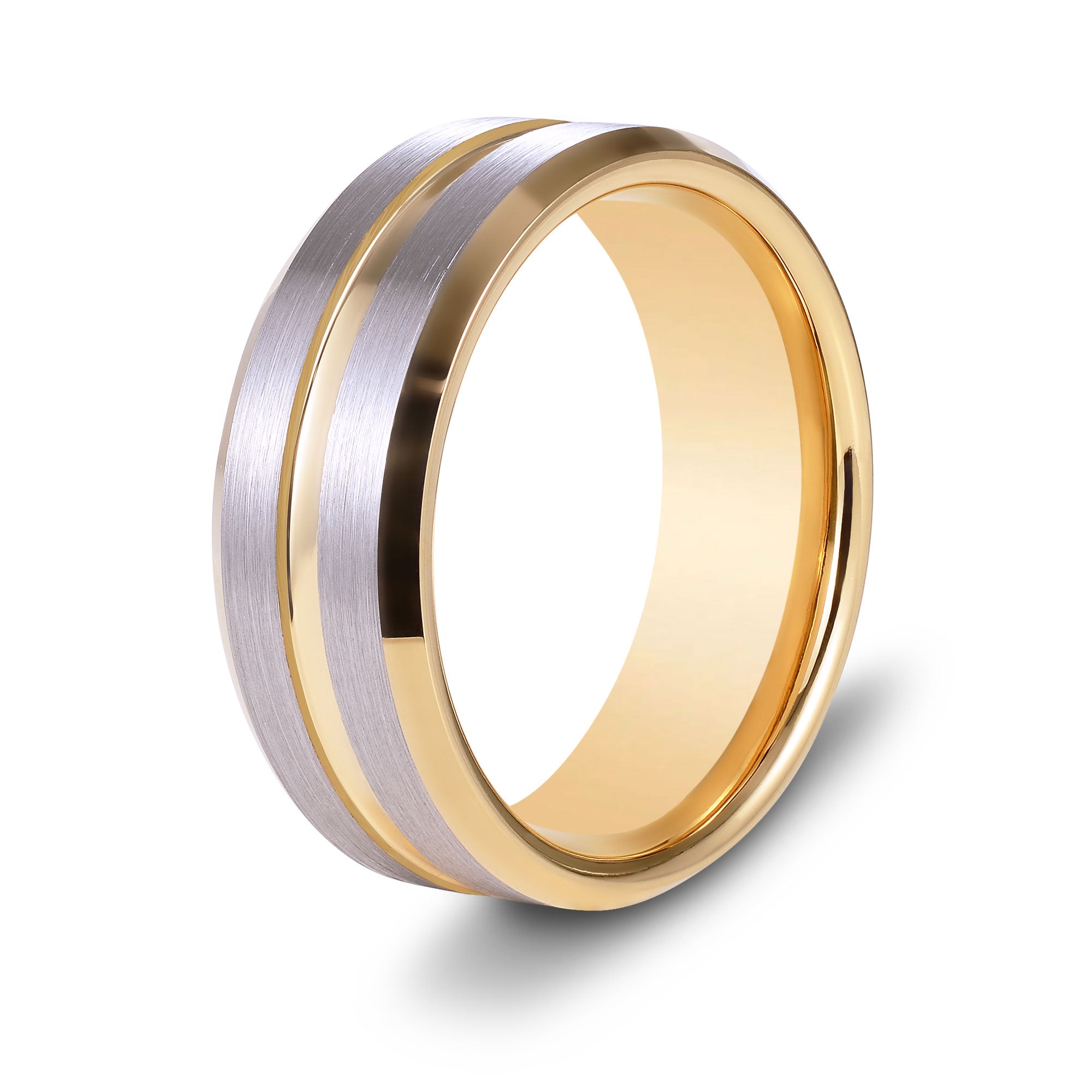 The Embrace Silver Brushed Gold Inlay Beveled Tungsten Ring