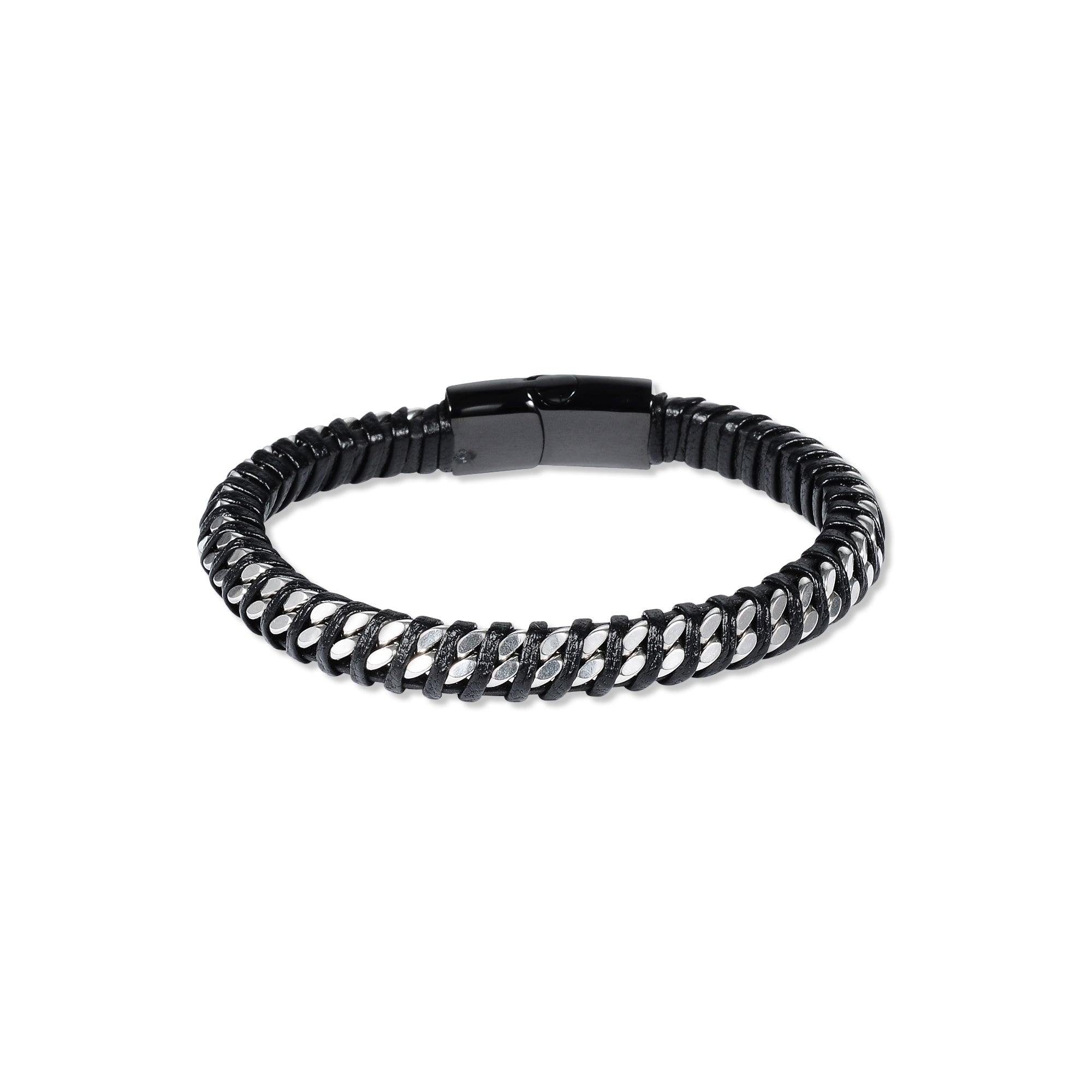 Black Leather Cuban Stainless Steel Bracelet