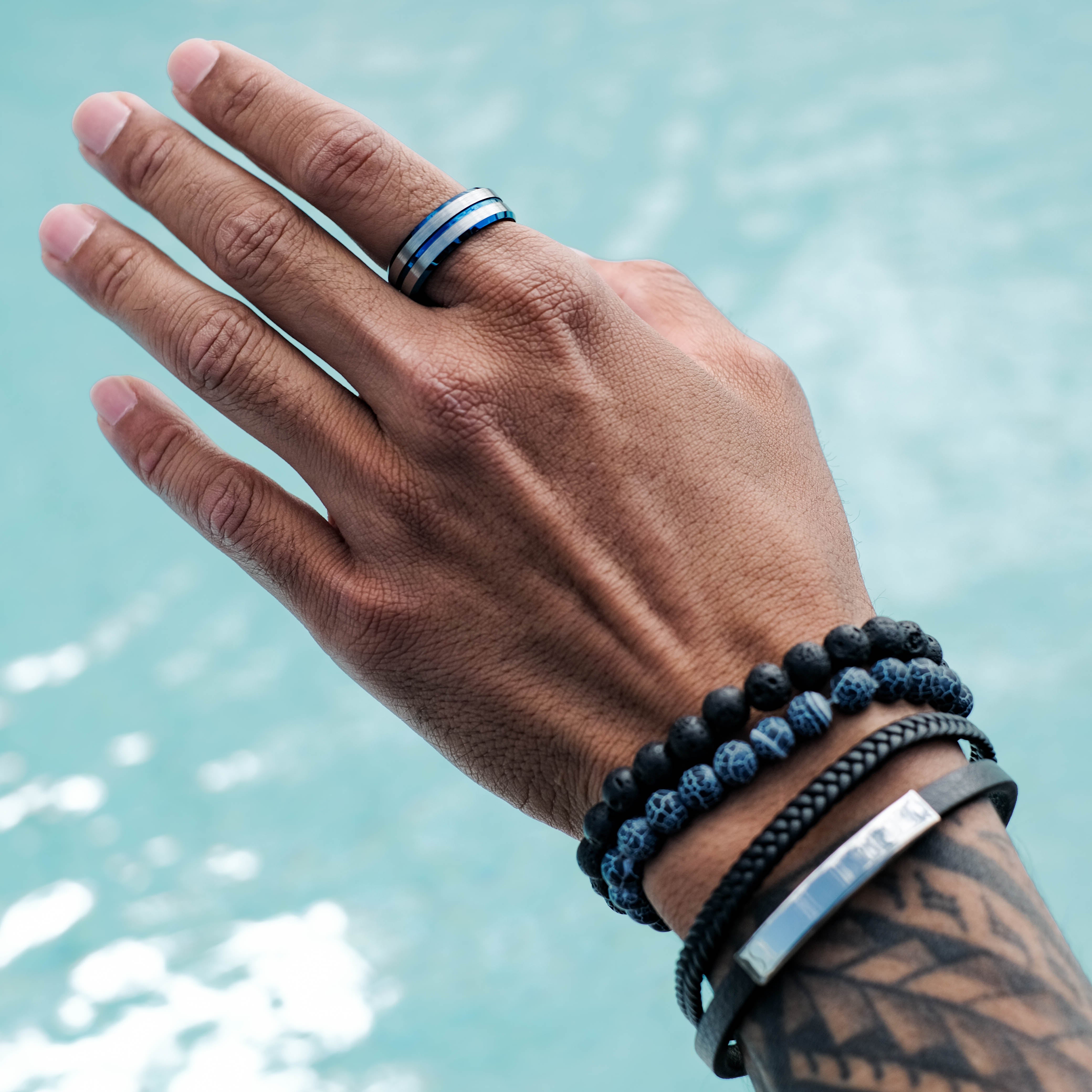 The Techno - Silver Tungsten Blue Inlay Ring