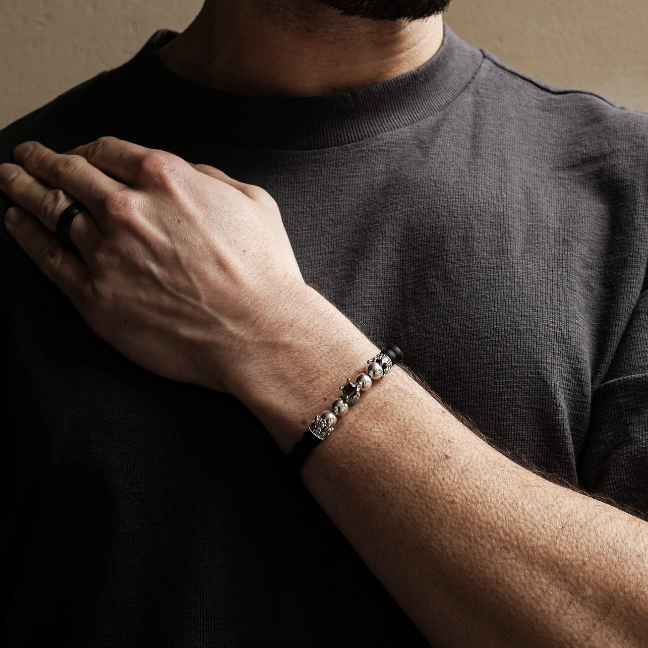 Silver King Crown Black Agate Bracelet