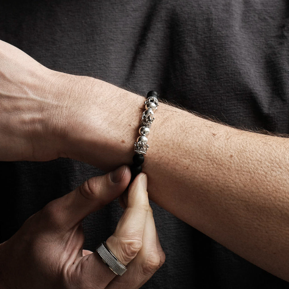 Silver King Crown Black Agate Bracelet