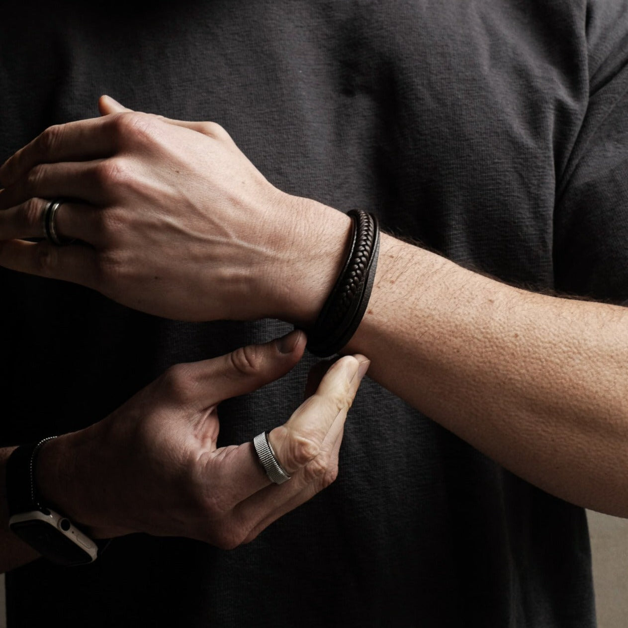 Brown Layered Leather Braided Stainless Steel Bracelet