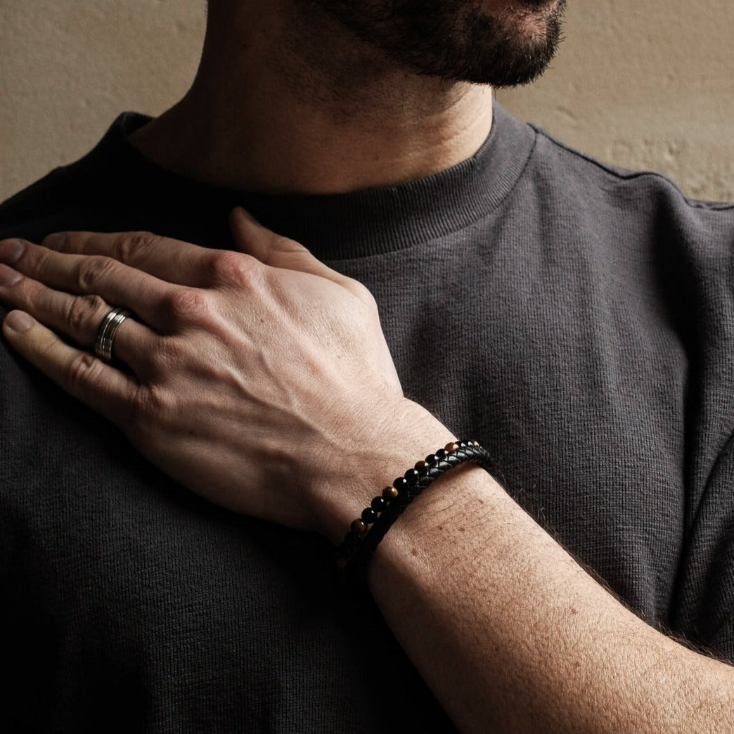 Yellow Tiger Eye Beaded & Leather Bracelet