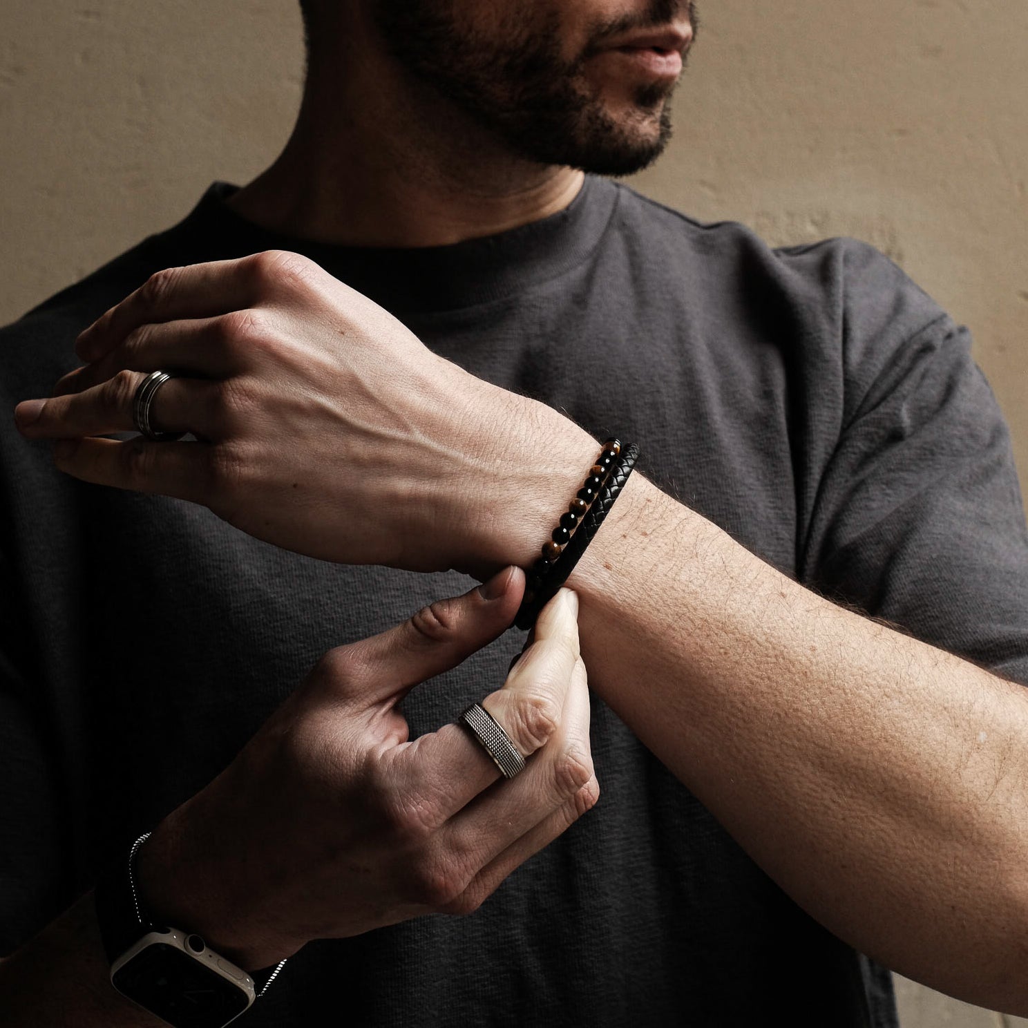 Yellow Tiger Eye Beaded & Leather Bracelet